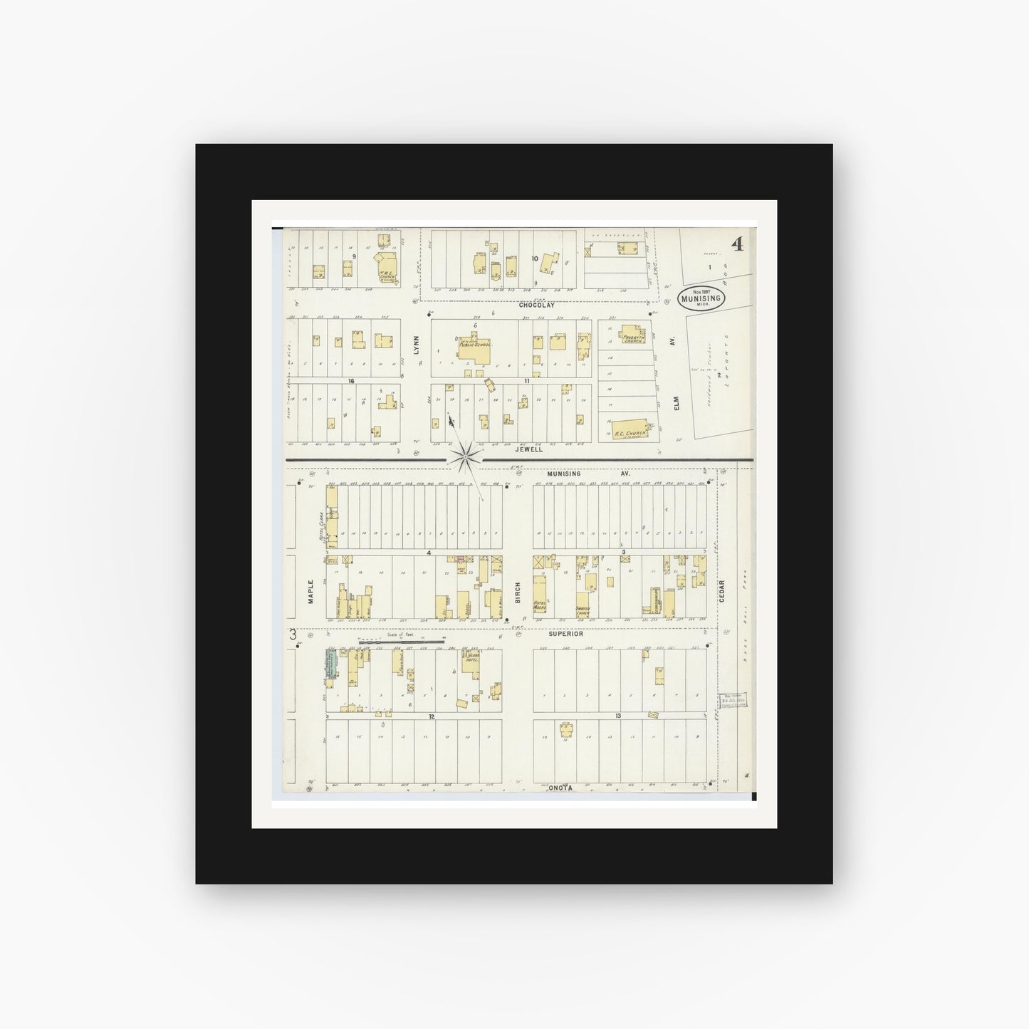 Old map wall art mockup — black gallery frame with white mat — Sanborn Fire Insurance Map from Munising, Alger County, Michigan (1897), Sheet #0004