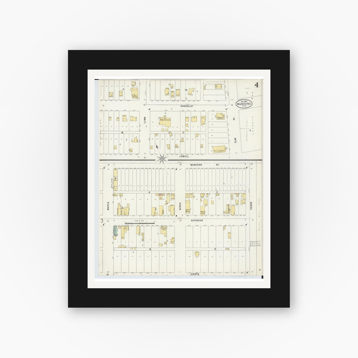 Old map wall art mockup — black gallery frame with white mat — Sanborn Fire Insurance Map from Munising, Alger County, Michigan (1897), Sheet #0004