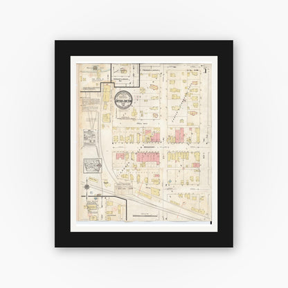 Old map wall art mockup — black gallery frame with white mat — Sanborn Fire Insurance Map from Oxford Junction, Jones County, Iowa (1939), Sheet #0001
