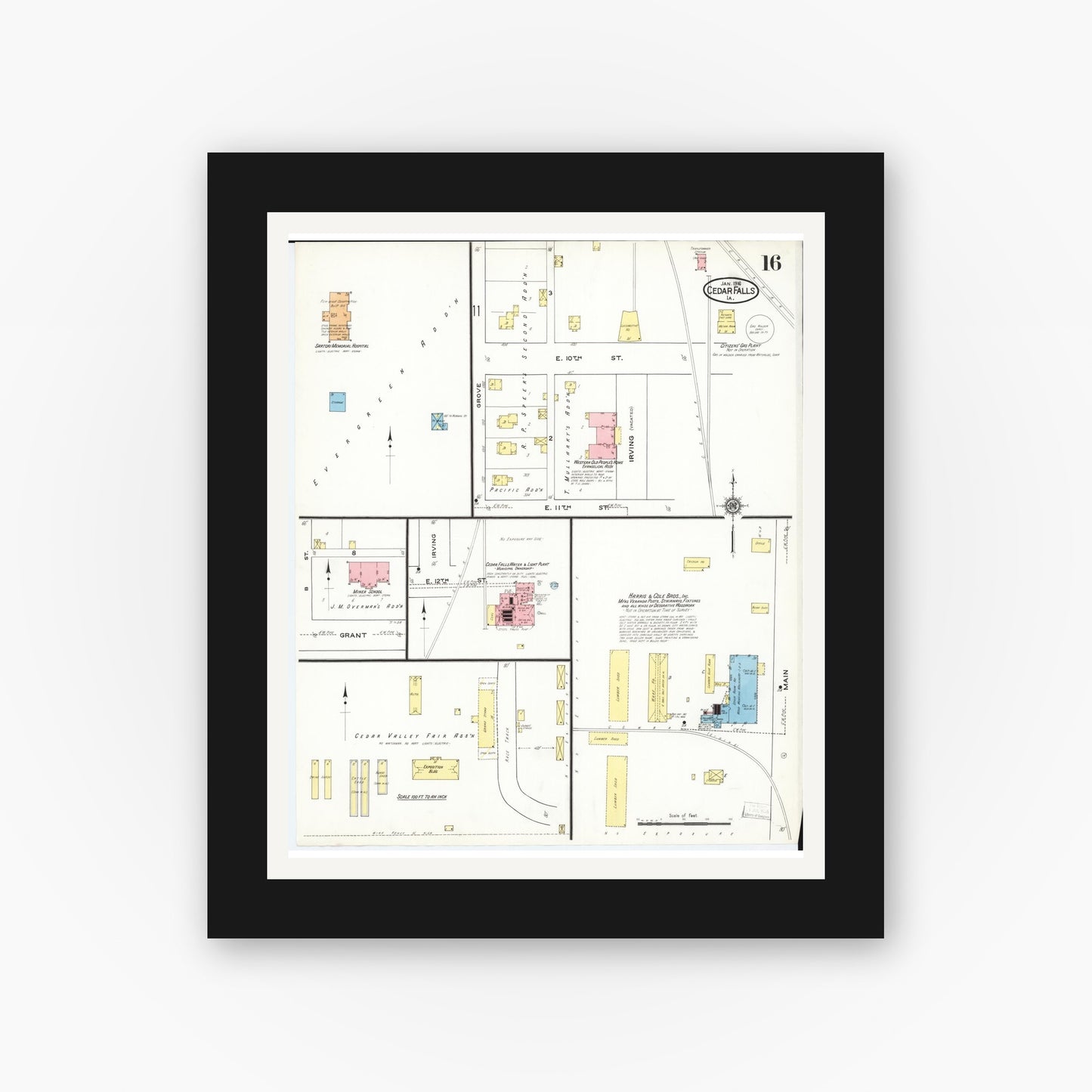 Old map wall art mockup — black gallery frame with white mat — Sanborn Fire Insurance Map from Cedar Falls, Black Hawk County, Iowa (1916), Sheet #0016