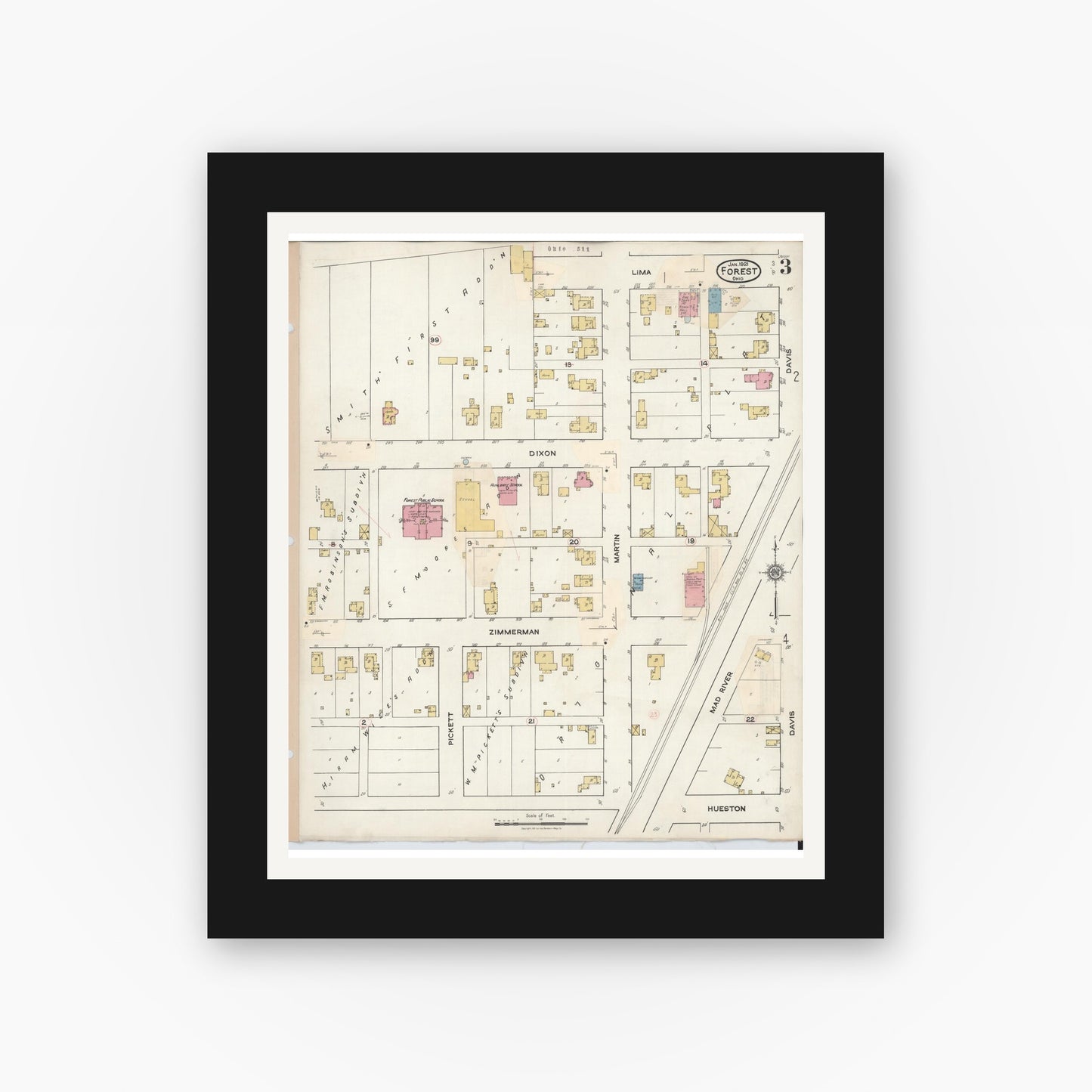 Old map wall art mockup — black gallery frame with white mat — Sanborn Fire Insurance Map from Forest, Hardin County, Ohio (1932), Sheet #0003