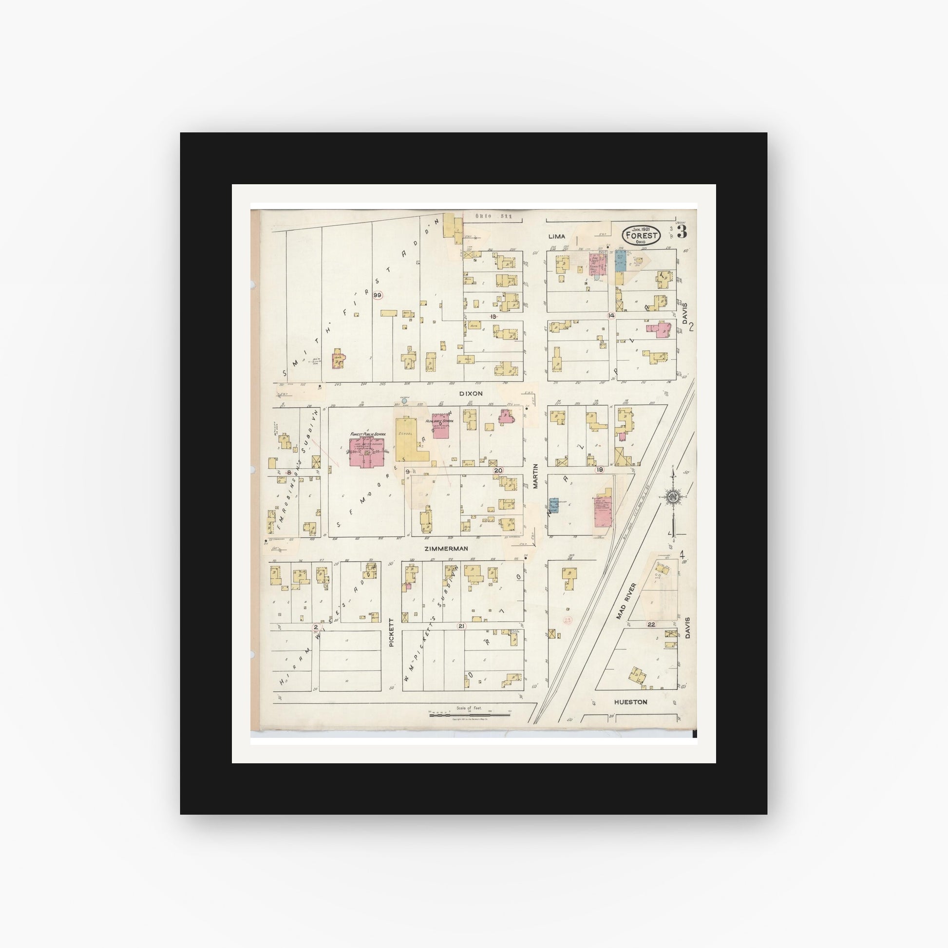 Old map wall art mockup — black gallery frame with white mat — Sanborn Fire Insurance Map from Forest, Hardin County, Ohio (1932), Sheet #0003