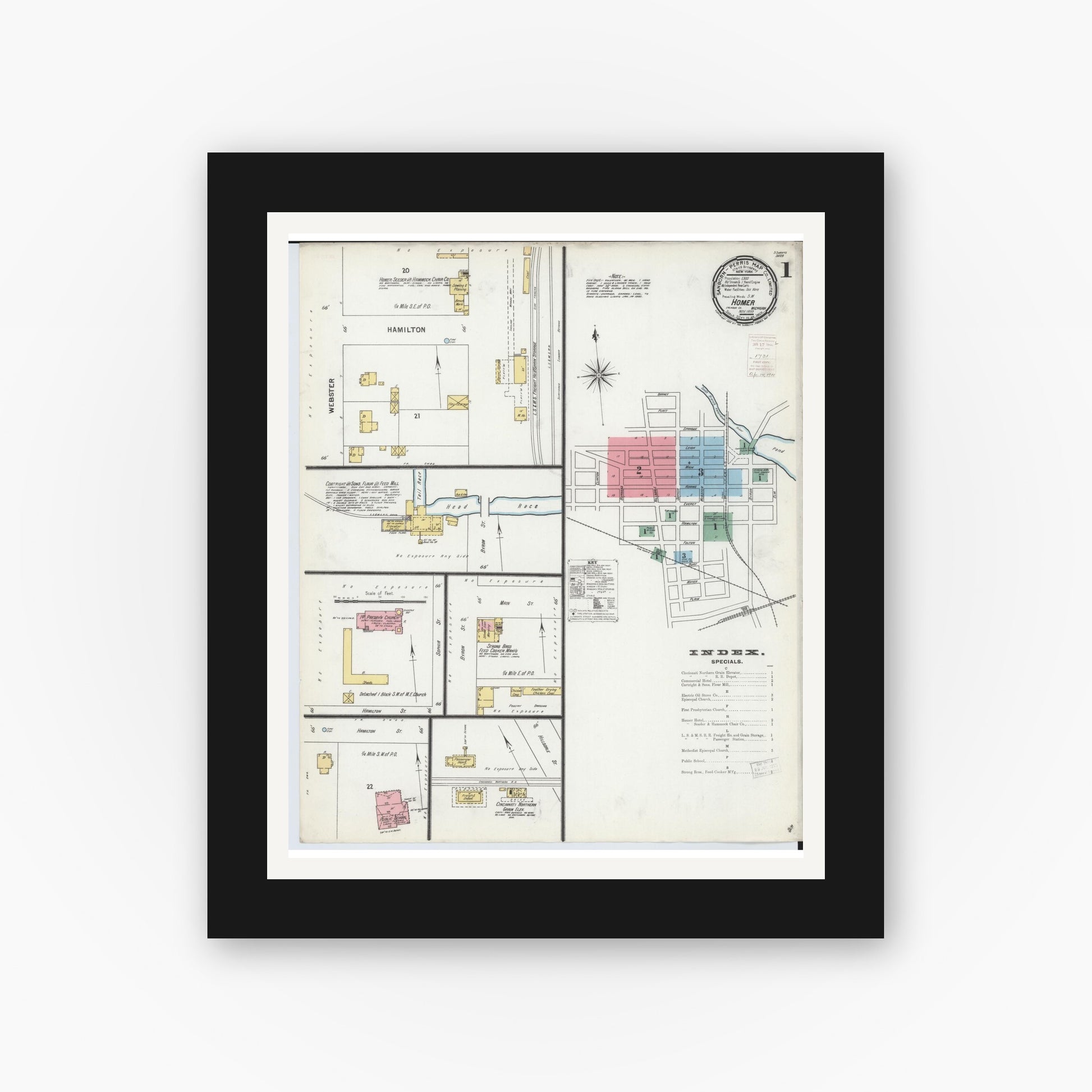 Old map wall art mockup — black gallery frame with white mat — Sanborn Fire Insurance Map from Homer, Calhoun County, Michigan (1899) - Complete Map Set