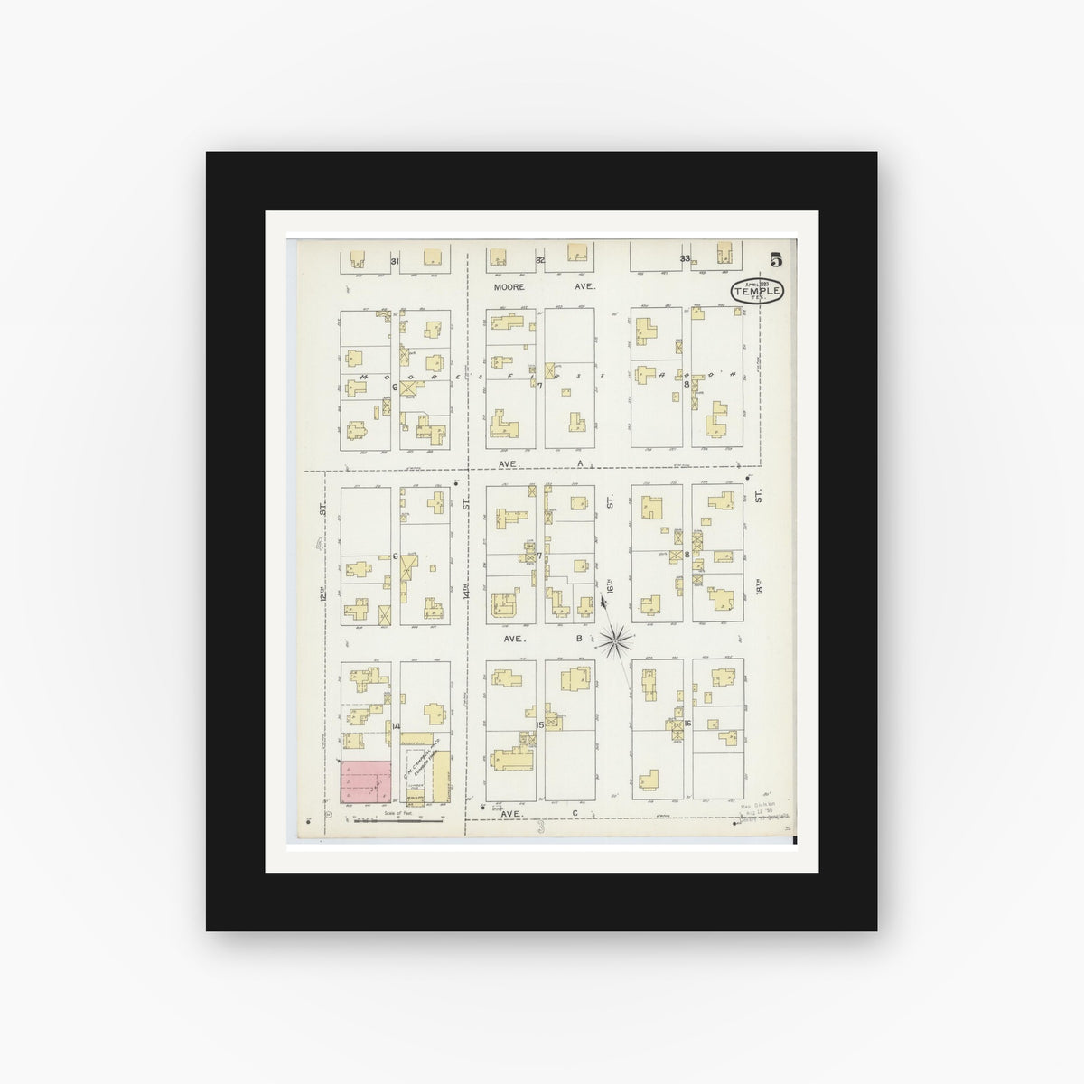Old map wall art mockup — black gallery frame with white mat — Sanborn Fire Insurance Map from Temple, Bell County, Texas (1893), Sheet #0005