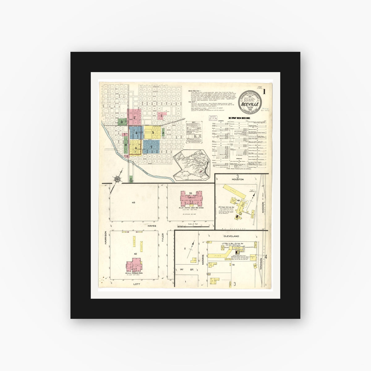 Old map wall art mockup — black gallery frame with white mat — Sanborn Fire Insurance Map from Beeville, Bee County, Texas (1914), Sheet #0001