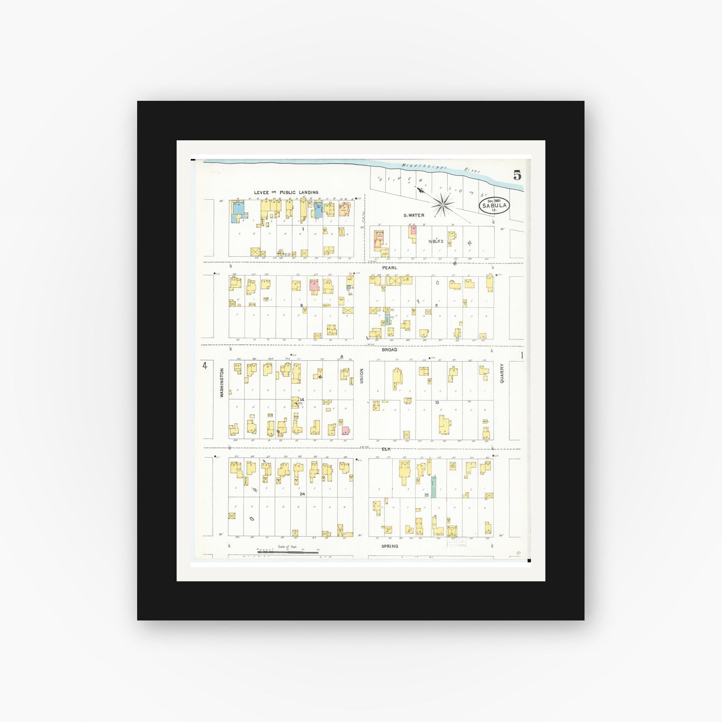 Old map wall art mockup — black gallery frame with white mat — Sanborn Fire Insurance Map from Sabula, Jackson County, Iowa (1905), Sheet #0005