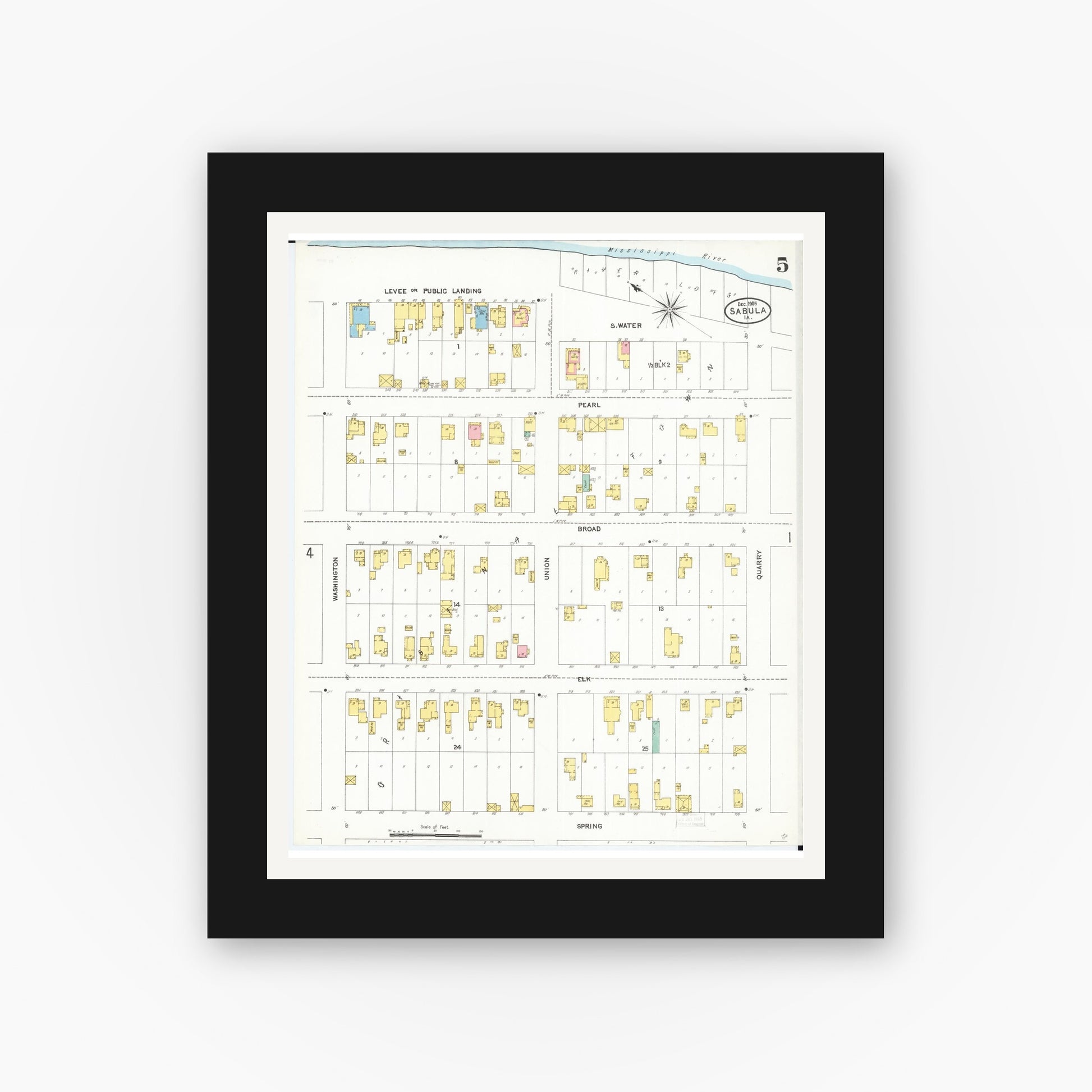 Old map wall art mockup — black gallery frame with white mat — Sanborn Fire Insurance Map from Sabula, Jackson County, Iowa (1905), Sheet #0005