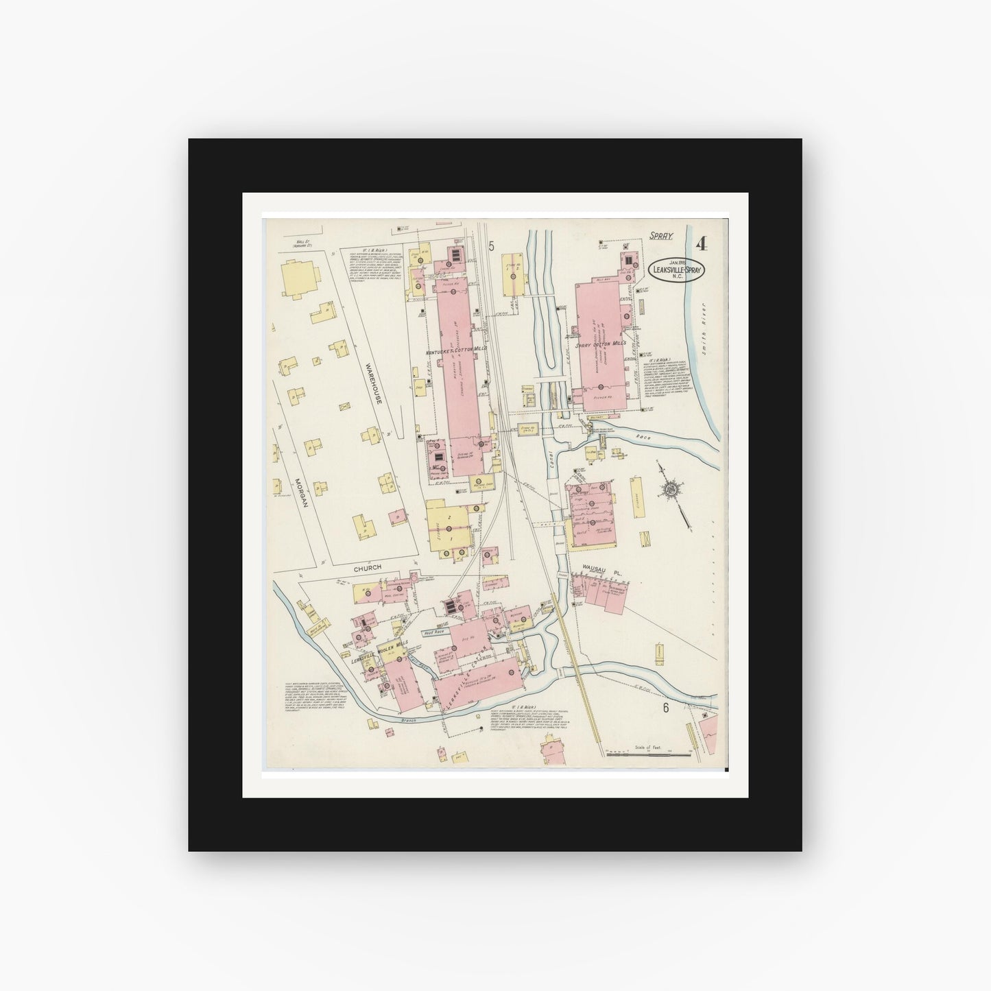 Old map wall art mockup — black gallery frame with white mat — Sanborn Fire Insurance Map from Leaksville-spray, Rockingham County, North Carolina (1915), Sheet #0004