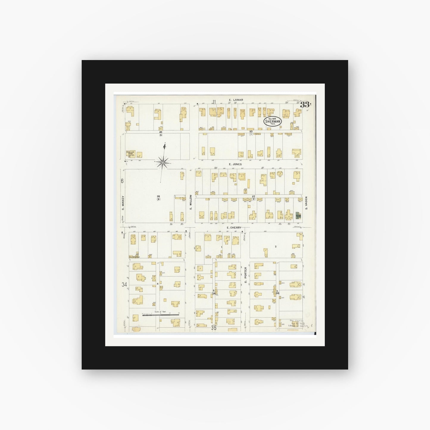 Old map wall art mockup — black gallery frame with white mat — Sanborn Fire Insurance Map from Sherman, Grayson County, Texas (1908), Sheet #0033