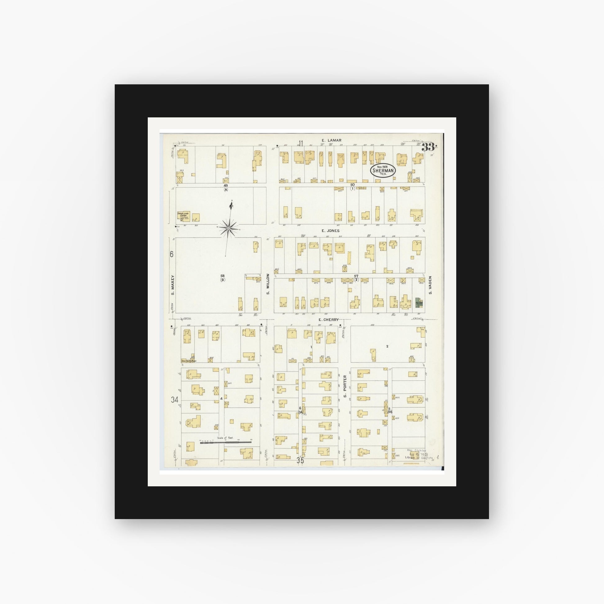 Old map wall art mockup — black gallery frame with white mat — Sanborn Fire Insurance Map from Sherman, Grayson County, Texas (1908), Sheet #0033
