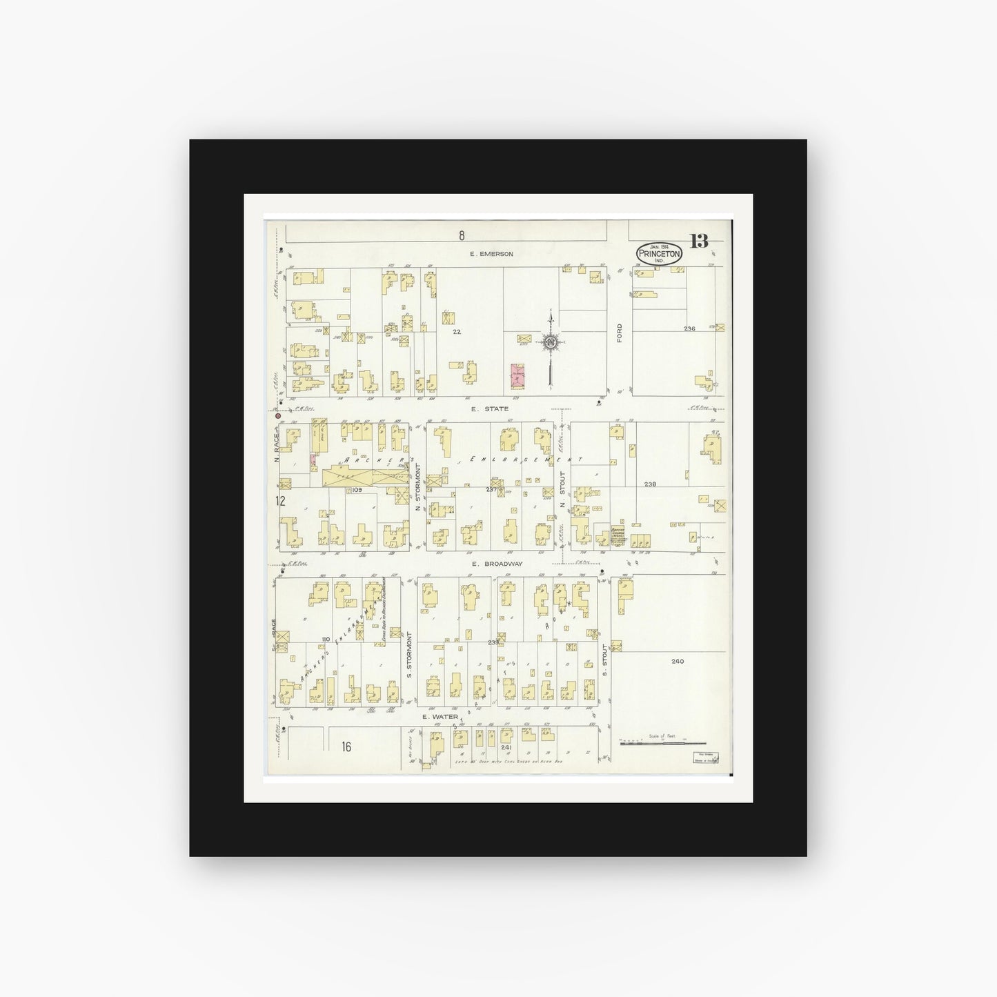 Old map wall art mockup — black gallery frame with white mat — Sanborn Fire Insurance Map from Princeton, Gibson County, Indiana (1914), Sheet #0013