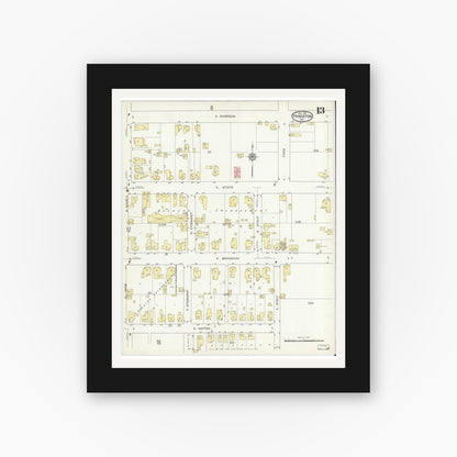 Old map wall art mockup — black gallery frame with white mat — Sanborn Fire Insurance Map from Princeton, Gibson County, Indiana (1914), Sheet #0013
