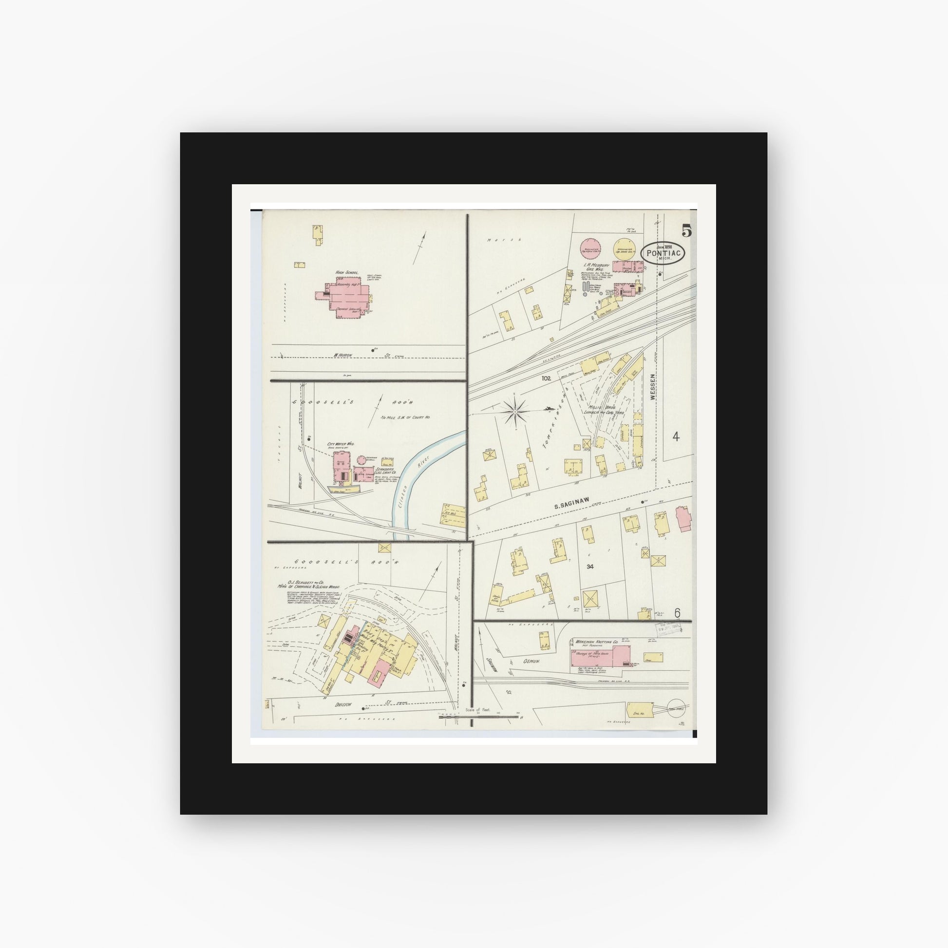 Old map wall art mockup — black gallery frame with white mat — Sanborn Fire Insurance Map from Pontiac, Oakland County, Michigan (1898), Sheet #0005