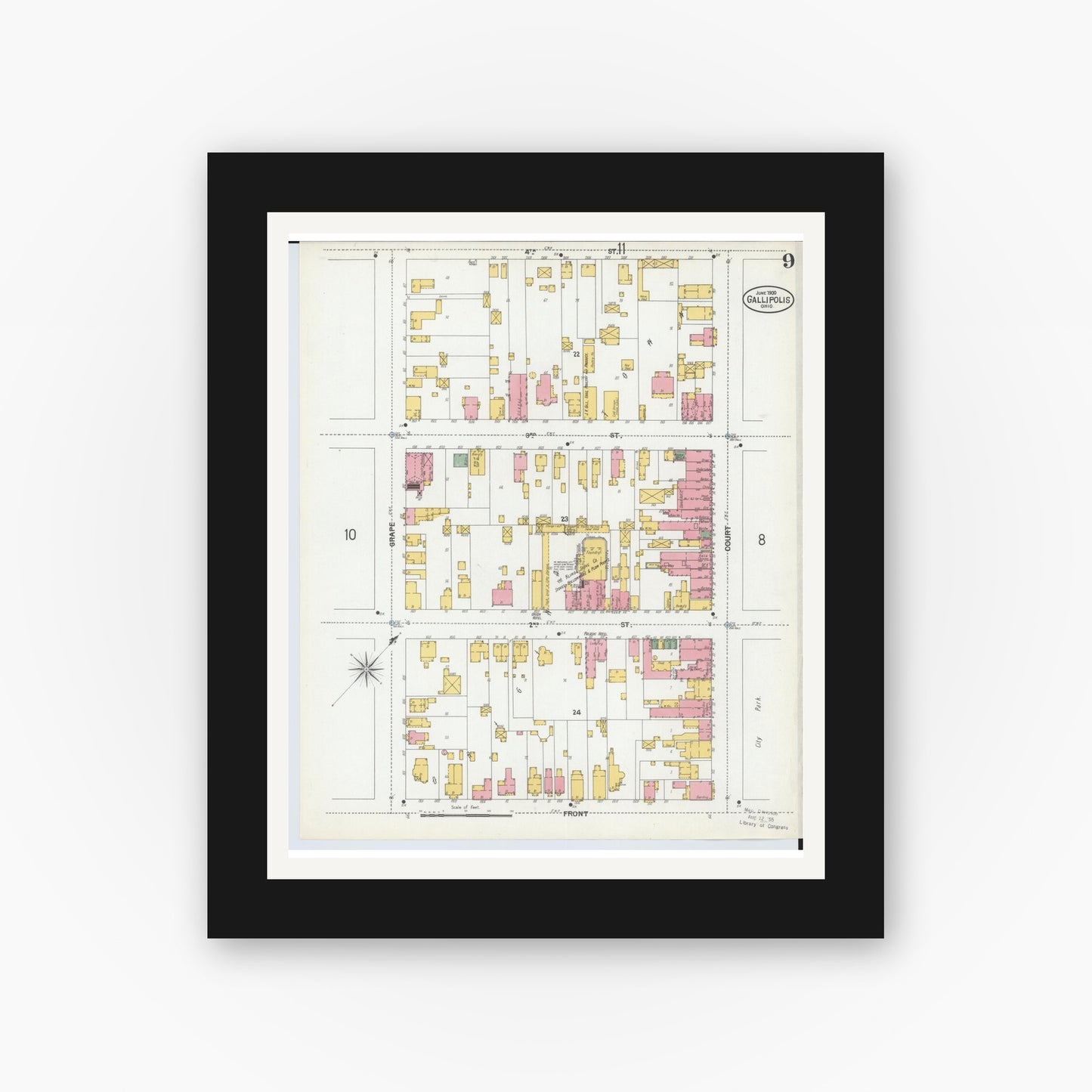 Old map wall art mockup — black gallery frame with white mat — Sanborn Fire Insurance Map from Gallipolis, Gallia County, Ohio (1900), Sheet #0009