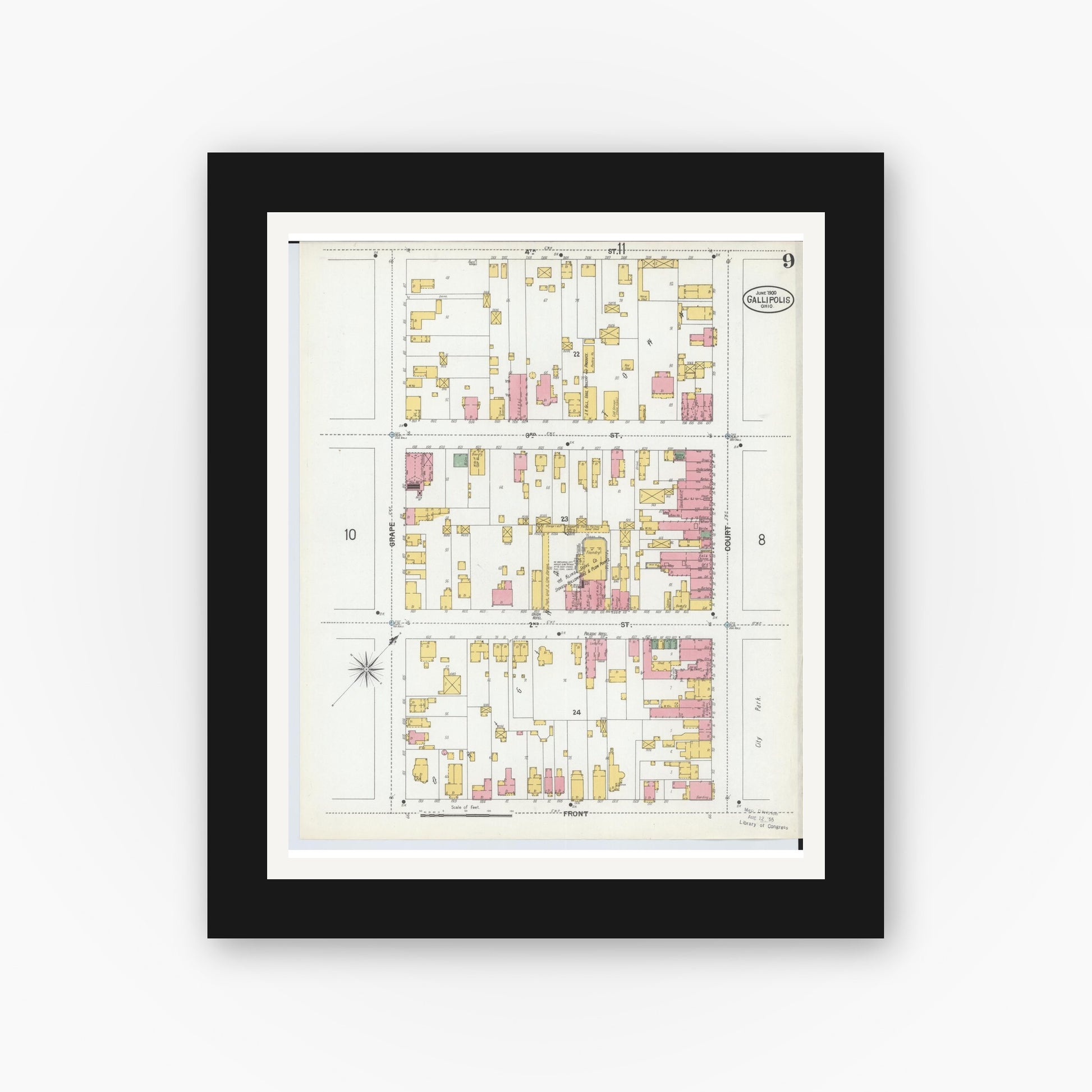 Old map wall art mockup — black gallery frame with white mat — Sanborn Fire Insurance Map from Gallipolis, Gallia County, Ohio (1900), Sheet #0009
