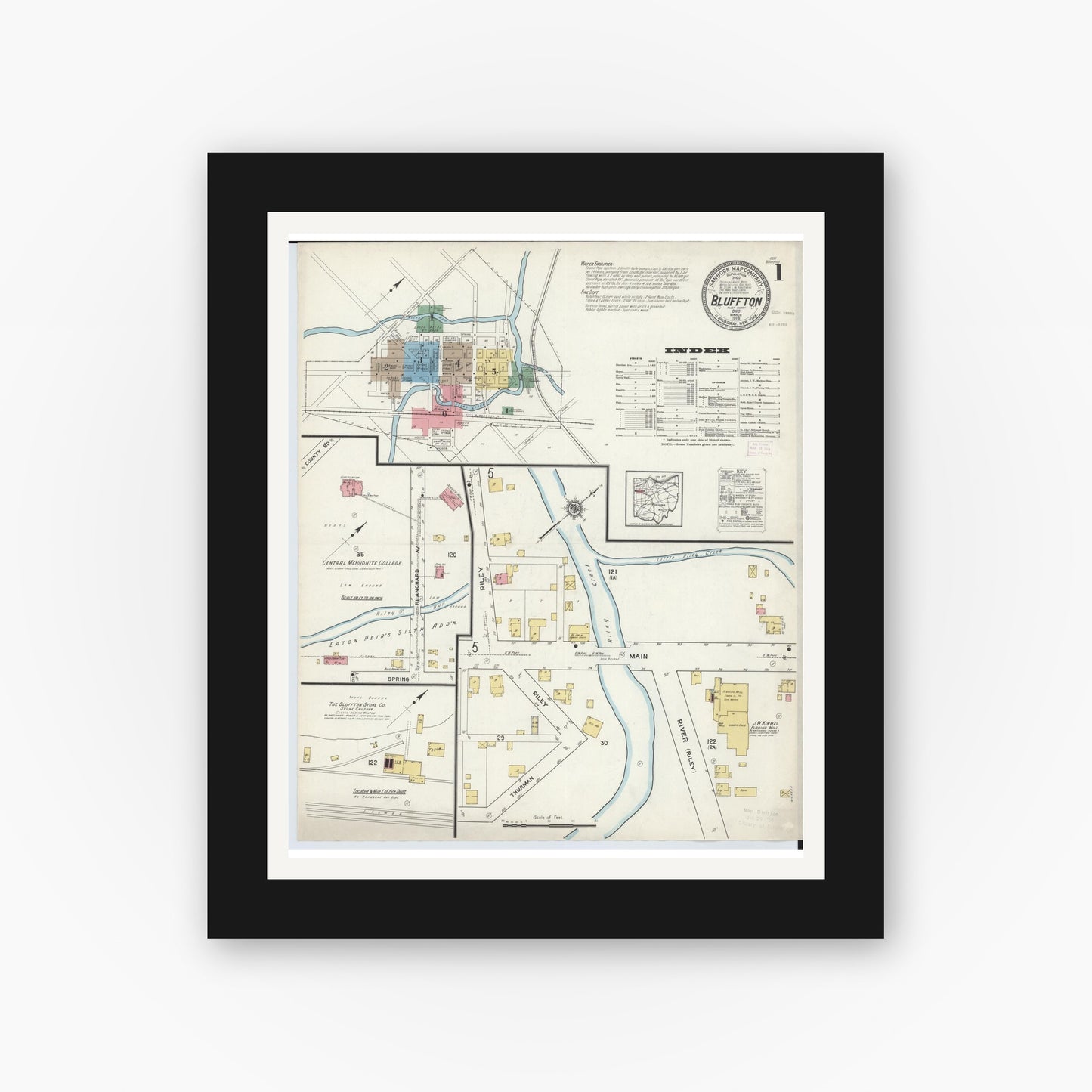 Old map wall art mockup — black gallery frame with white mat — Sanborn Fire Insurance Map from Bluffton, Allen County, Ohio (1916), Sheet #0001