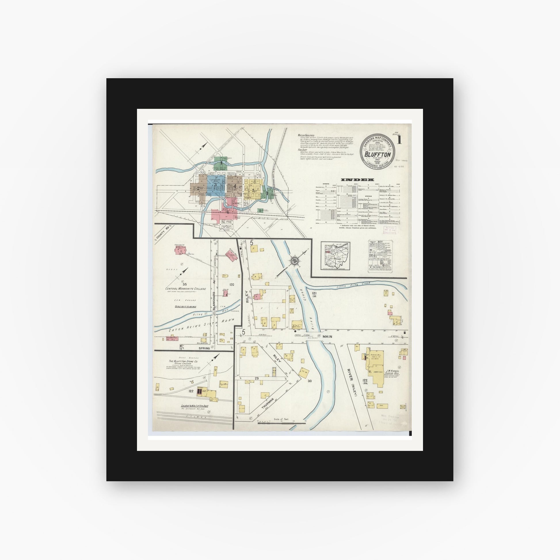 Old map wall art mockup — black gallery frame with white mat — Sanborn Fire Insurance Map from Bluffton, Allen County, Ohio (1916), Sheet #0001