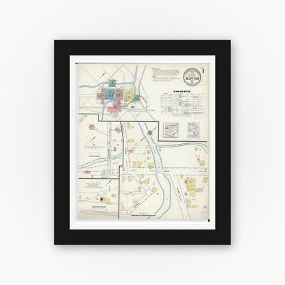 Old map wall art mockup — black gallery frame with white mat — Sanborn Fire Insurance Map from Bluffton, Allen County, Ohio (1916), Sheet #0001