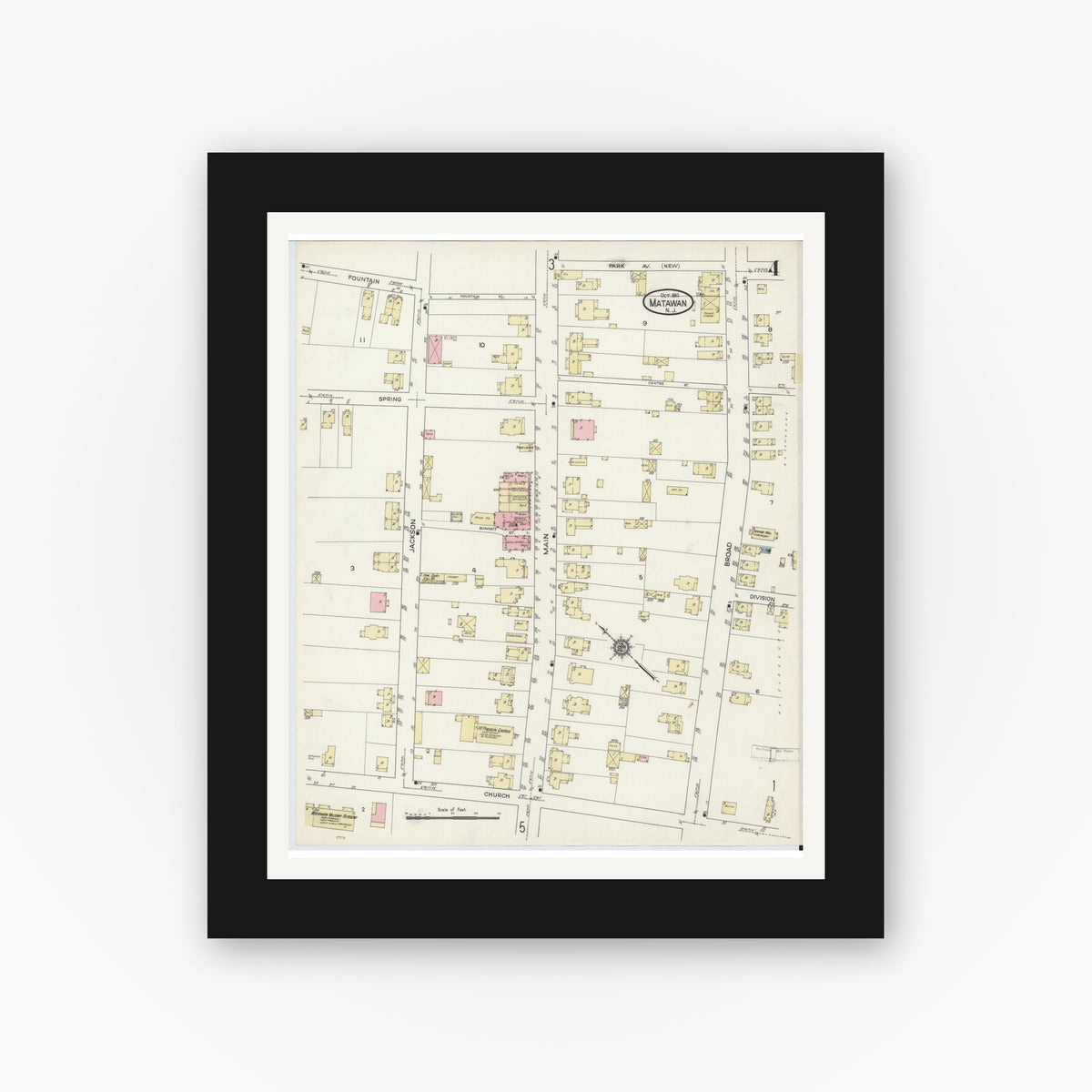Old map wall art mockup — black gallery frame with white mat — Sanborn Fire Insurance Map from Matawan, Monmouth County, New Jersey (1914), Sheet #0004