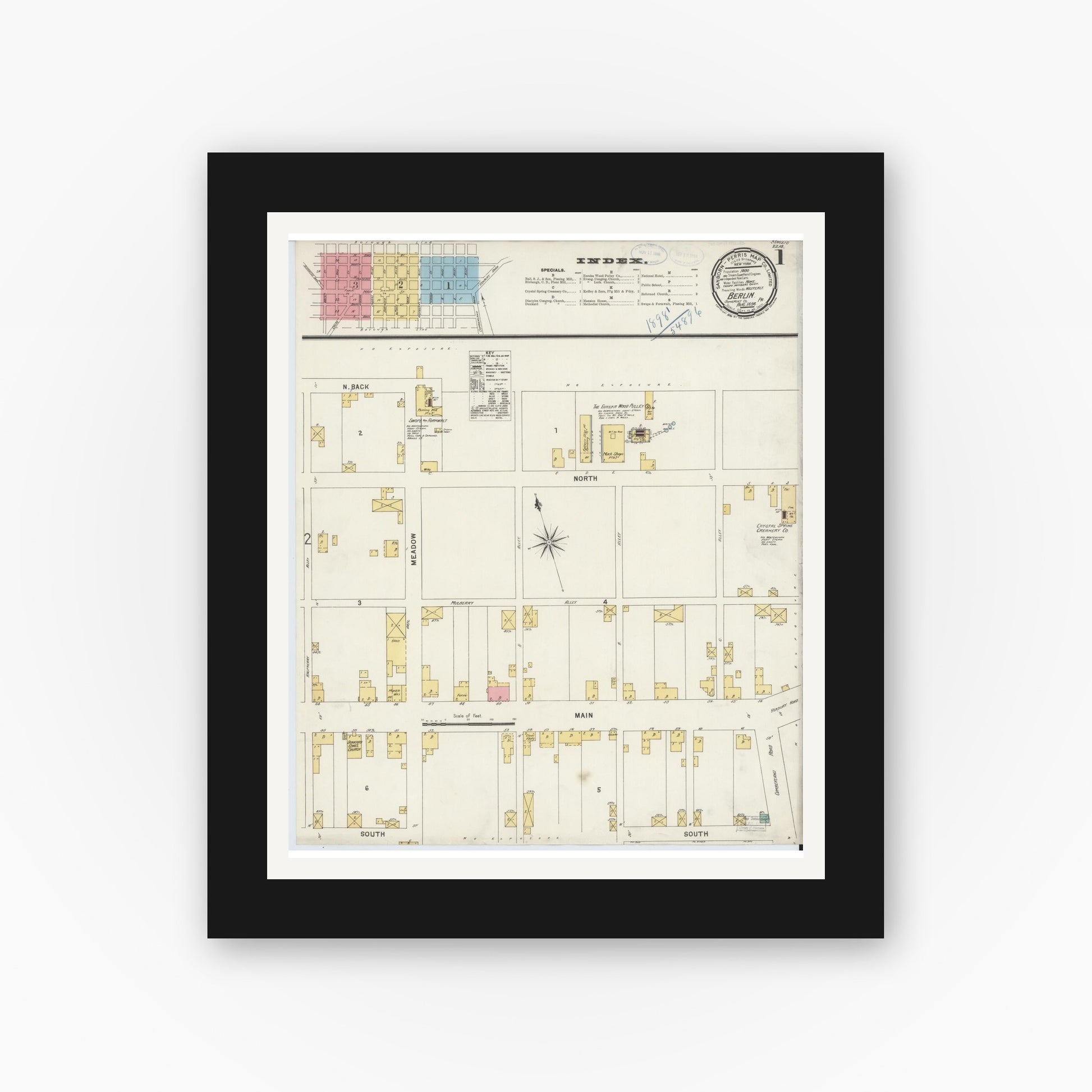 Old map wall art mockup — black gallery frame with white mat — Sanborn Fire Insurance Map from Berlin, Somerset County, Pennsylvania (1898) - Complete Map Set