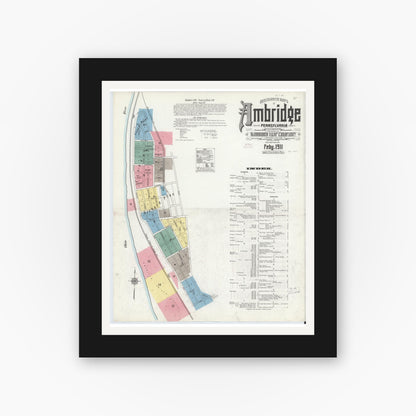 Old map wall art mockup — black gallery frame with white mat — Sanborn Fire Insurance Map from Ambridge, Beaver County, Pennsylvania (1911) - Complete Map Set