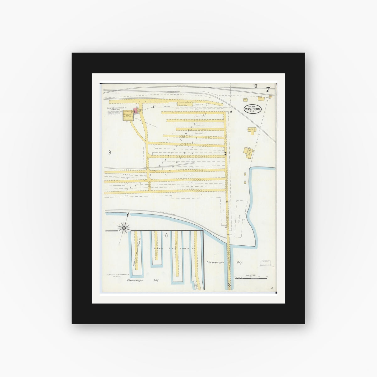 Old map wall art mockup — black gallery frame with white mat — Sanborn Fire Insurance Map from Washburn, Bayfield County, Wisconsin (1904), Sheet #0007