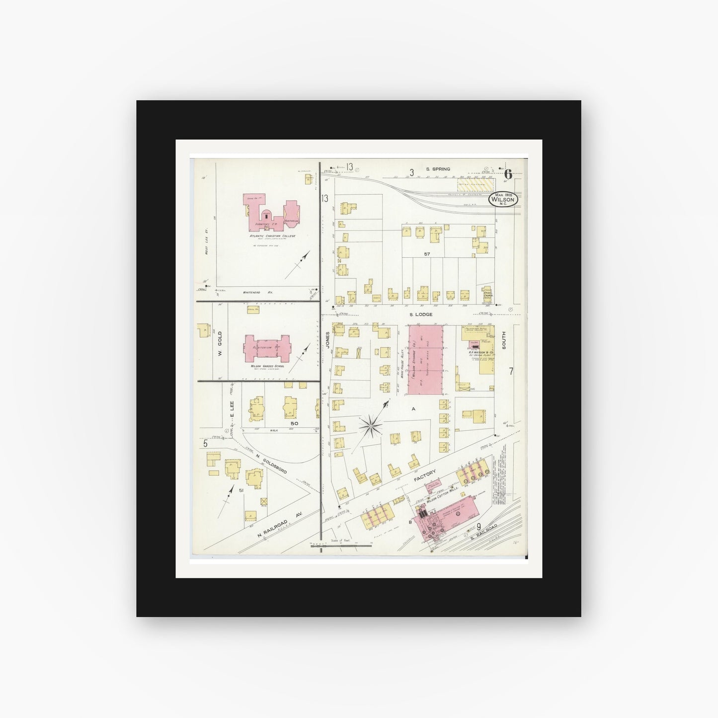 Old map wall art mockup — black gallery frame with white mat — Sanborn Fire Insurance Map from Wilson, Wilson County, North Carolina (1908), Sheet #0006