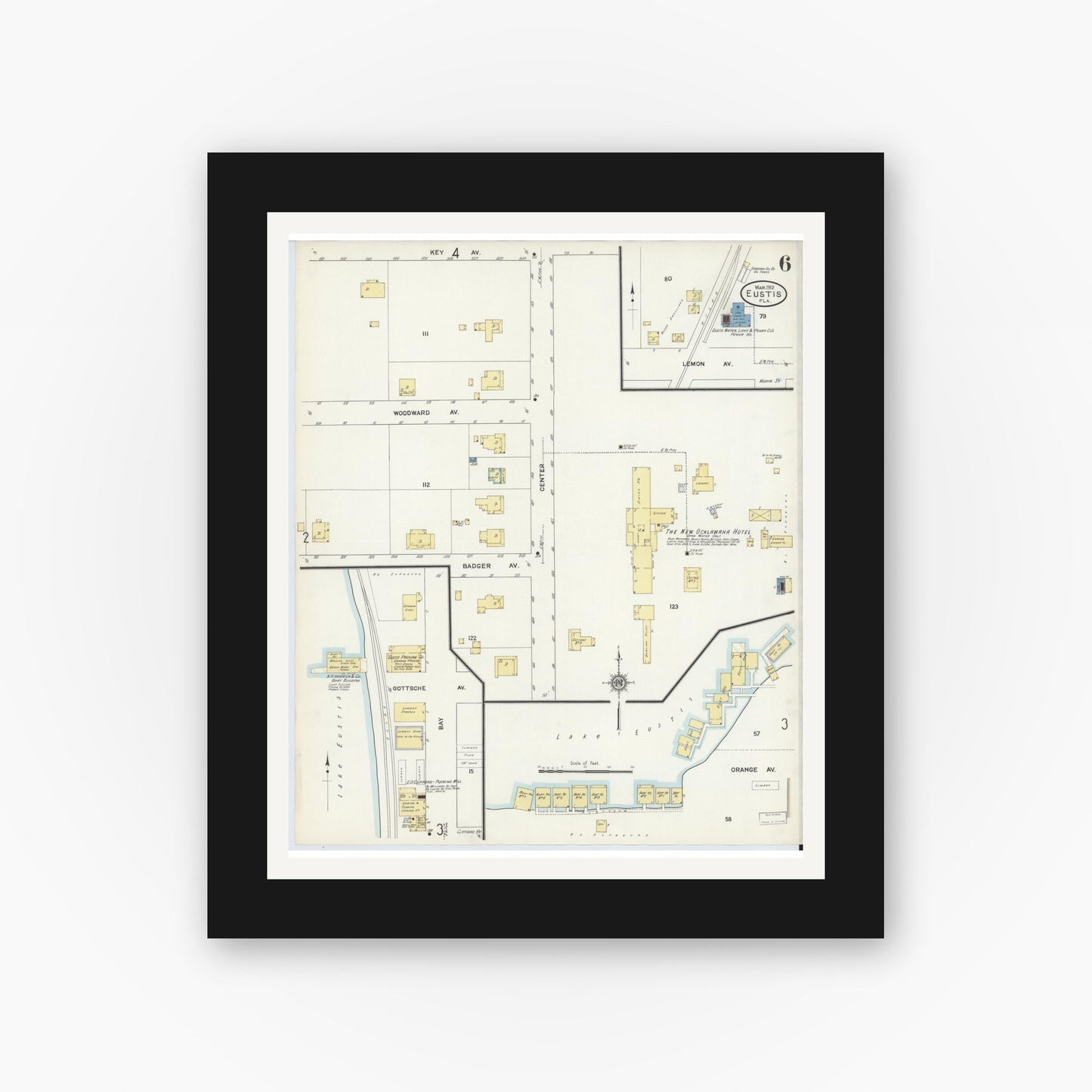 Old map wall art mockup — black gallery frame with white mat — Sanborn Fire Insurance Map from Eustis, Lake County, Florida (1912), Sheet #0006