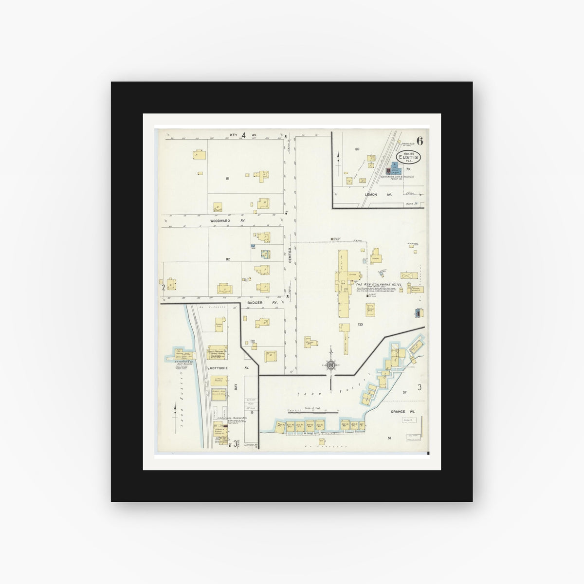 Old map wall art mockup — black gallery frame with white mat — Sanborn Fire Insurance Map from Eustis, Lake County, Florida (1912), Sheet #0006
