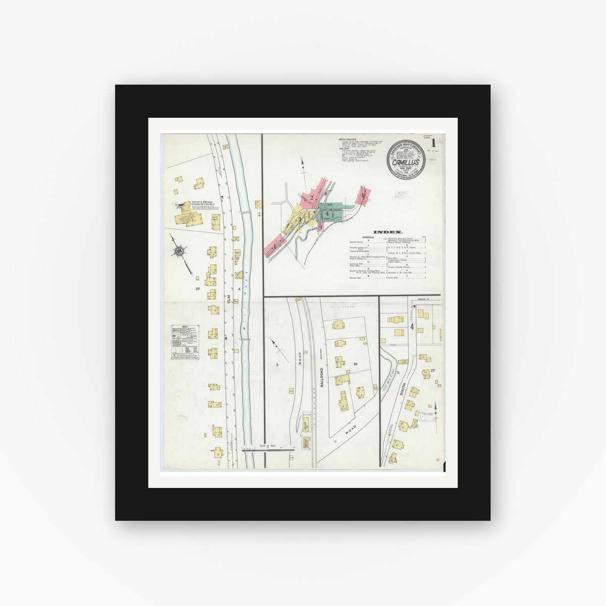 Old map wall art mockup — black gallery frame with white mat — Sanborn Fire Insurance Map from Camillus, Onondaga County, New York (1911) - Complete Map Set