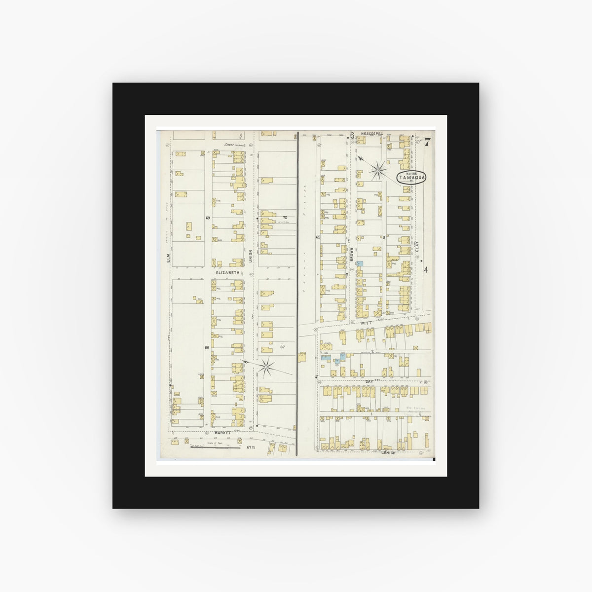 Old map wall art mockup — black gallery frame with white mat — Sanborn Fire Insurance Map from Tamaqua, Schuylkill County, Pennsylvania (1896), Sheet #0007
