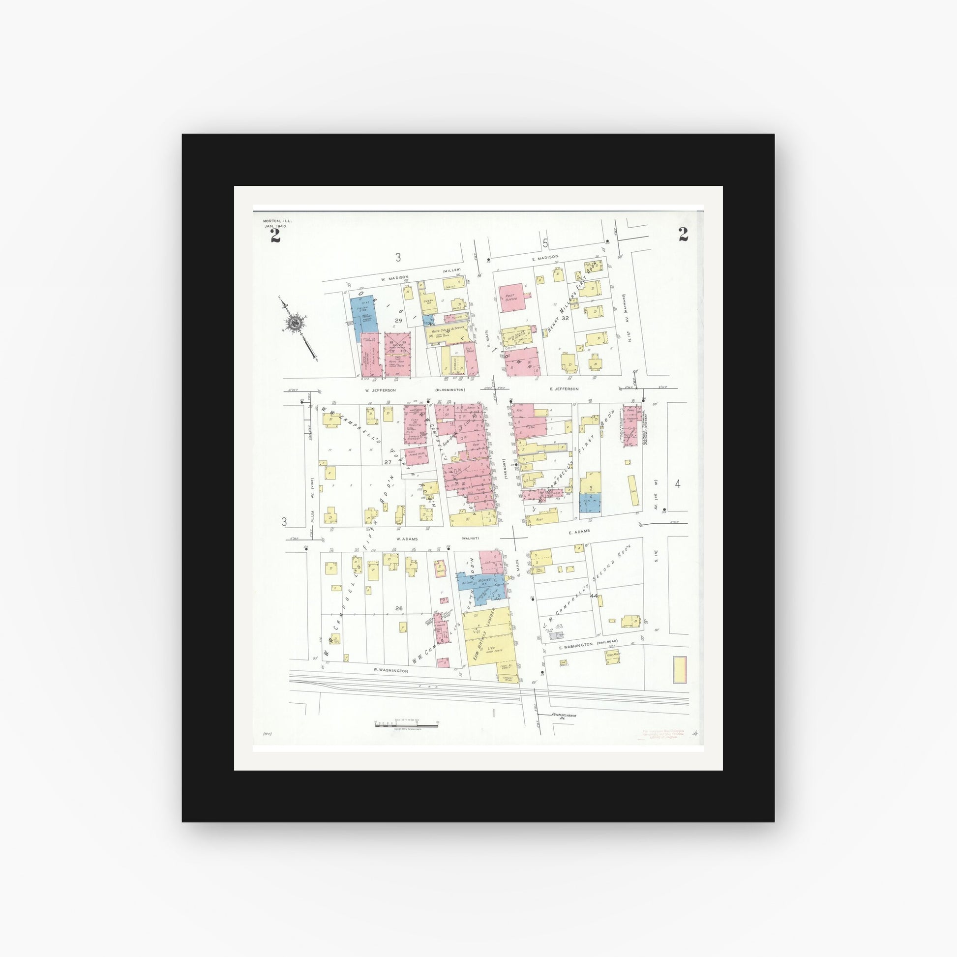 Old map wall art mockup — black gallery frame with white mat — Sanborn Fire Insurance Map from Morton, Tazewell County, Illinois (1940), Sheet #0002