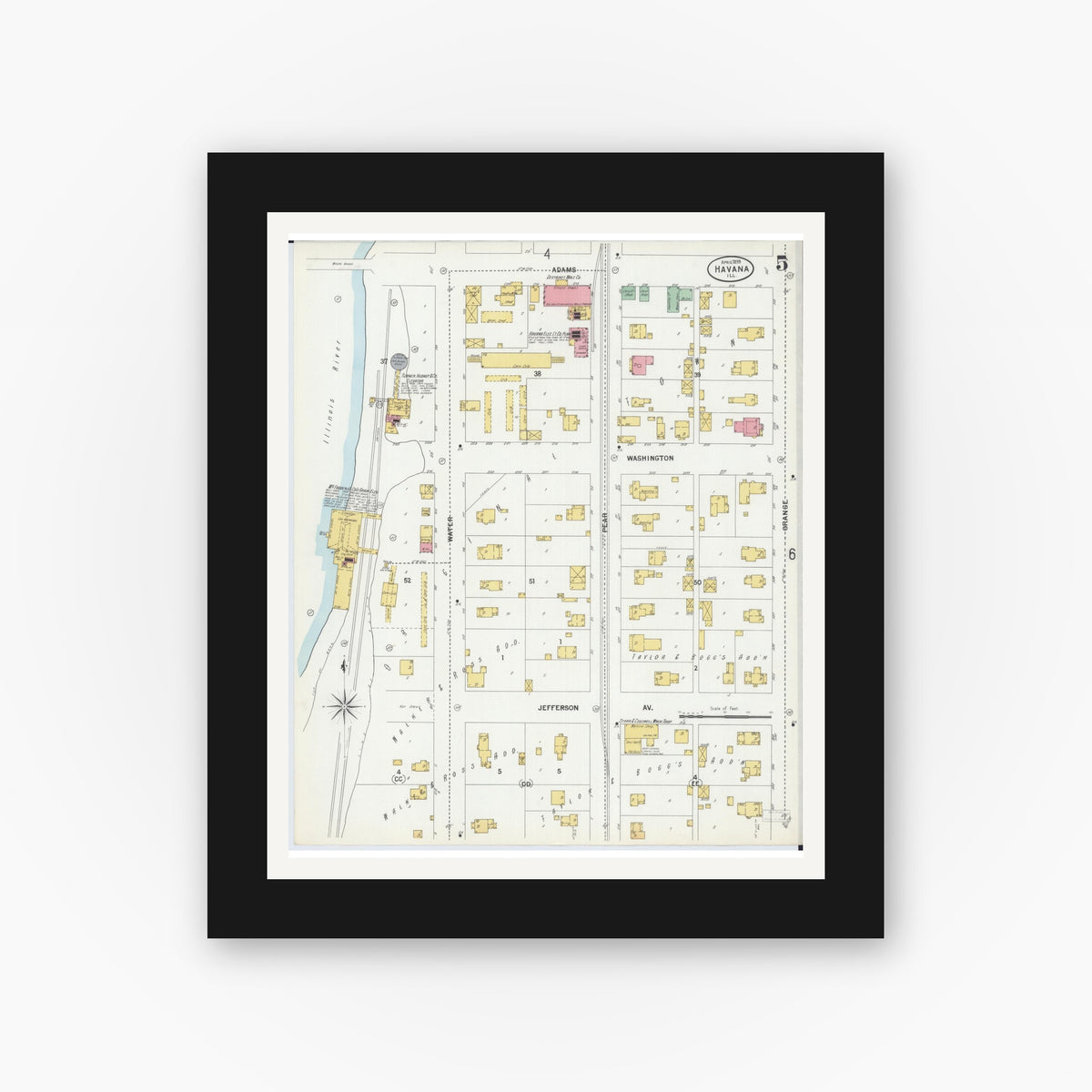Old map wall art mockup — black gallery frame with white mat — Sanborn Fire Insurance Map from Havana, Mason County, Illinois (1899), Sheet #0005