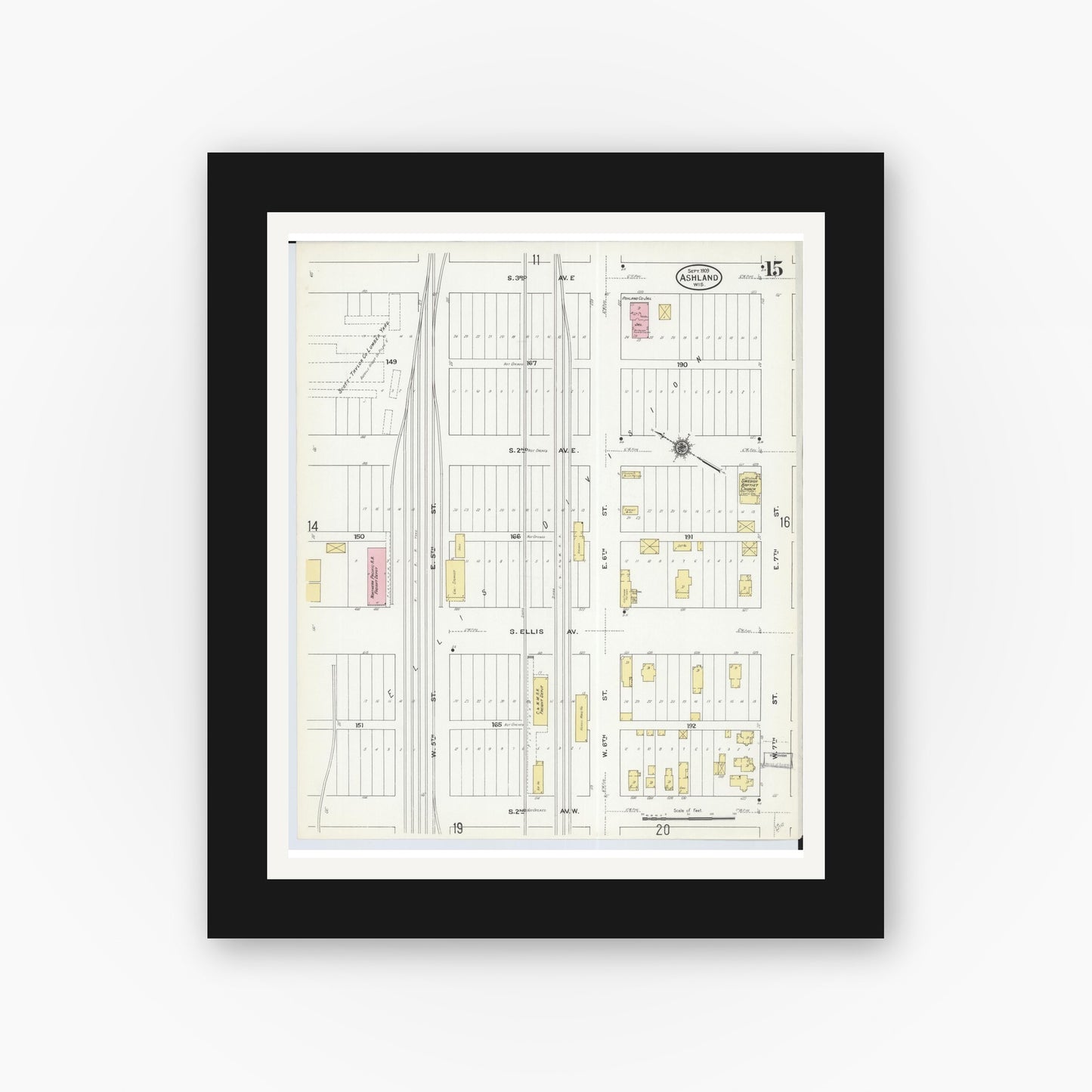 Old map wall art mockup — black gallery frame with white mat — Sanborn Fire Insurance Map from Ashland, Ashland County, Wisconsin (1909), Sheet #0015
