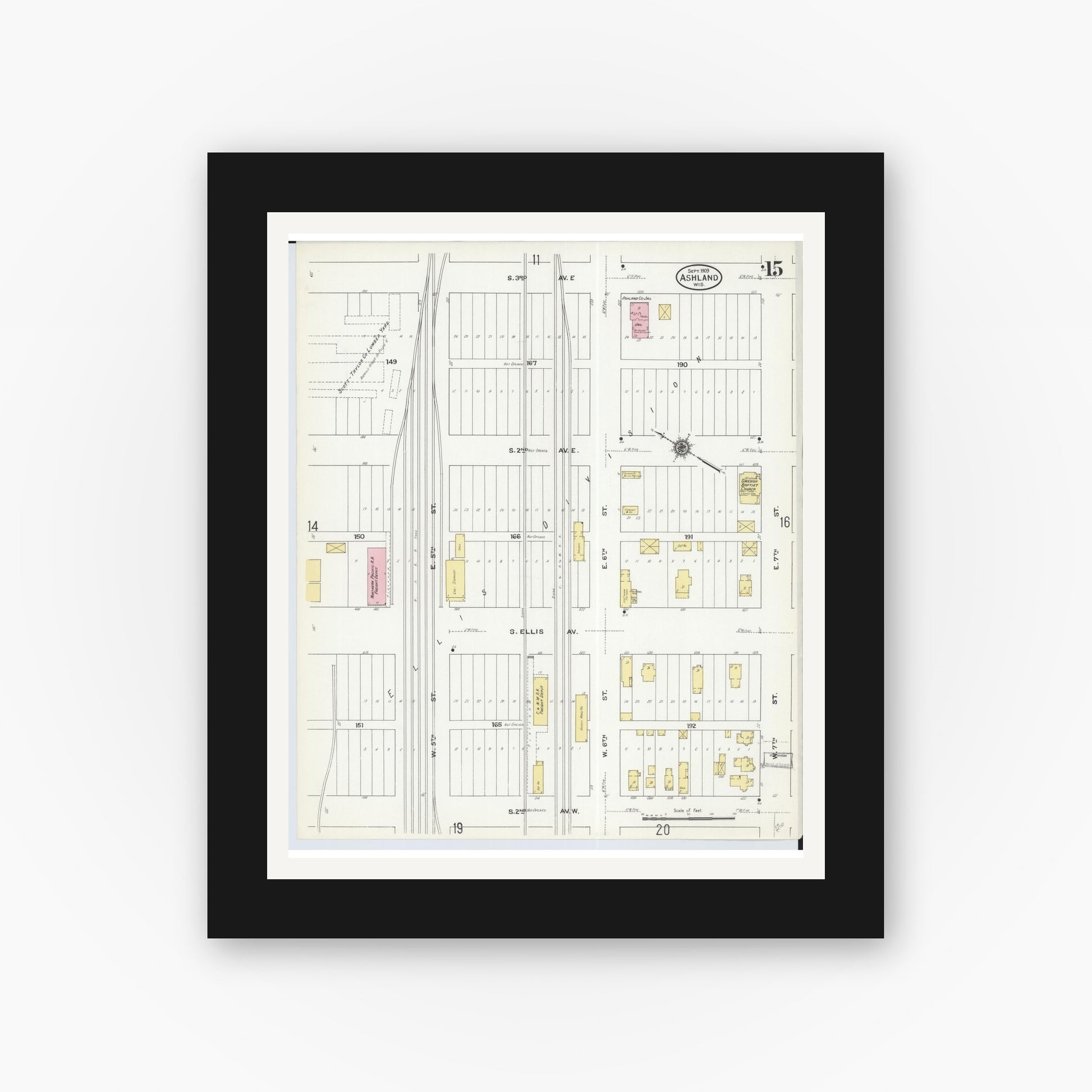 Old map wall art mockup — black gallery frame with white mat — Sanborn Fire Insurance Map from Ashland, Ashland County, Wisconsin (1909), Sheet #0015