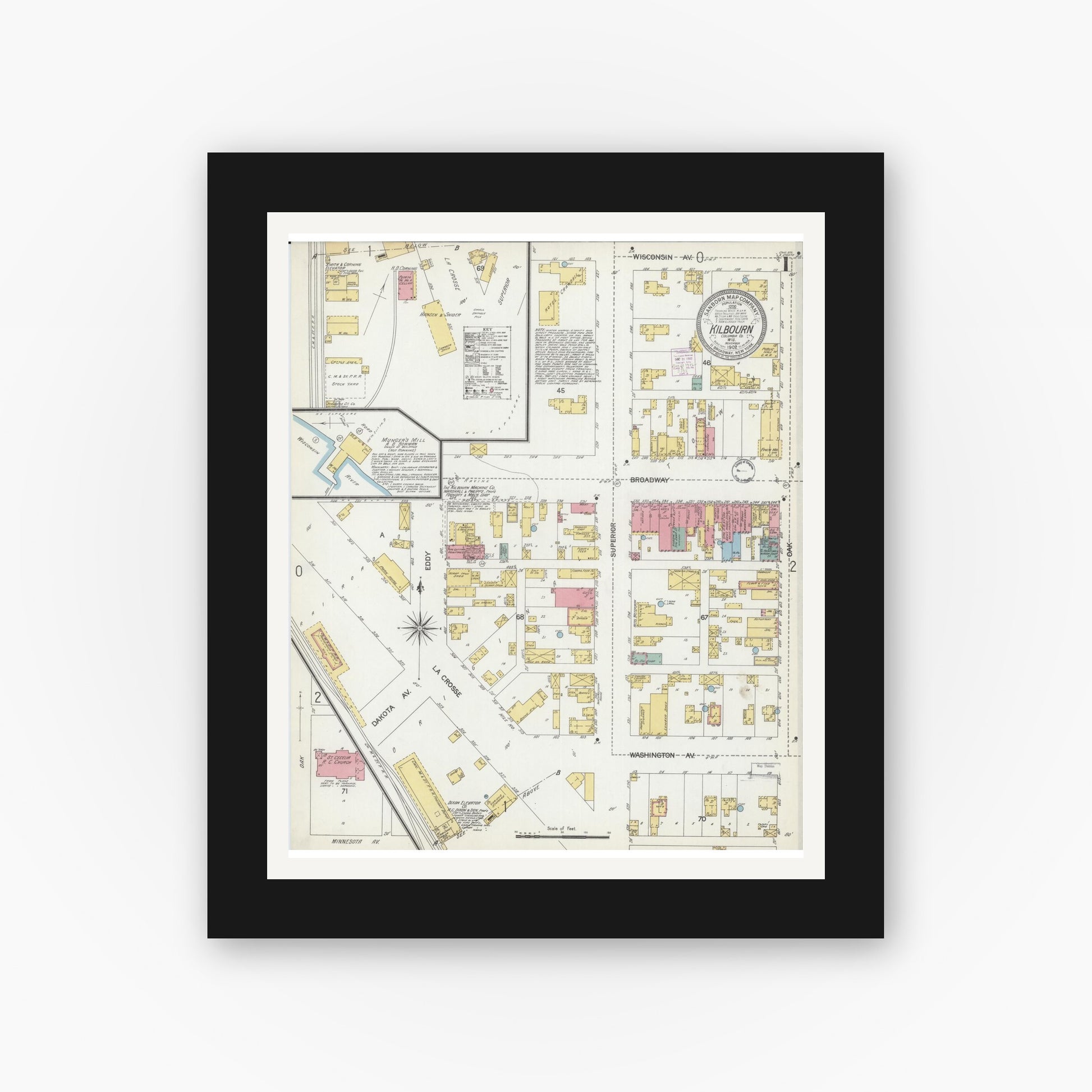 Old map wall art mockup — black gallery frame with white mat — Sanborn Fire Insurance Map from Kilbourn, Columbia County, Wisconsin (1902), Sheet #0001