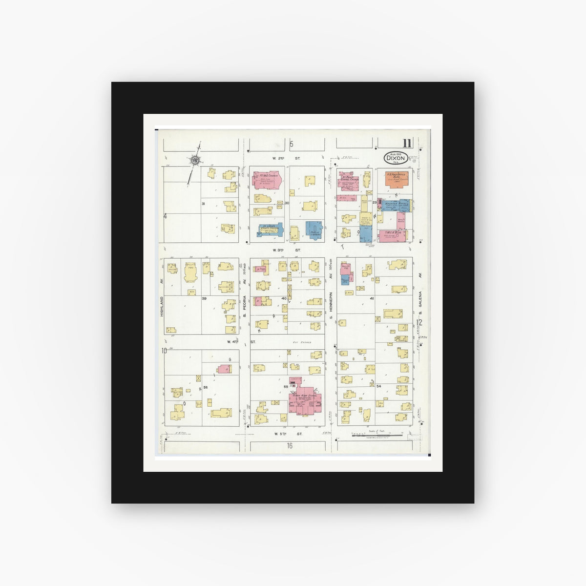 Old map wall art mockup — black gallery frame with white mat — Sanborn Fire Insurance Map from Dixon, Lee County, Illinois (1918), Sheet #0011
