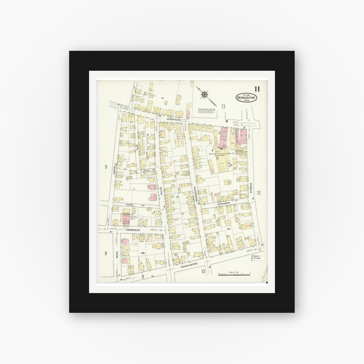 Old map wall art mockup — black gallery frame with white mat — Sanborn Fire Insurance Map from Newburyport, Essex County, Massachusetts (1914), Sheet #0011
