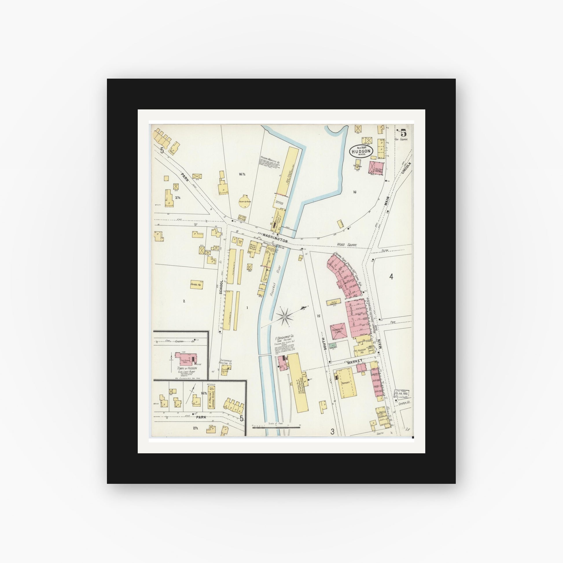 Old map wall art mockup — black gallery frame with white mat — Sanborn Fire Insurance Map from Hudson, Middlesex County, Massachusetts (1897), Sheet #0005