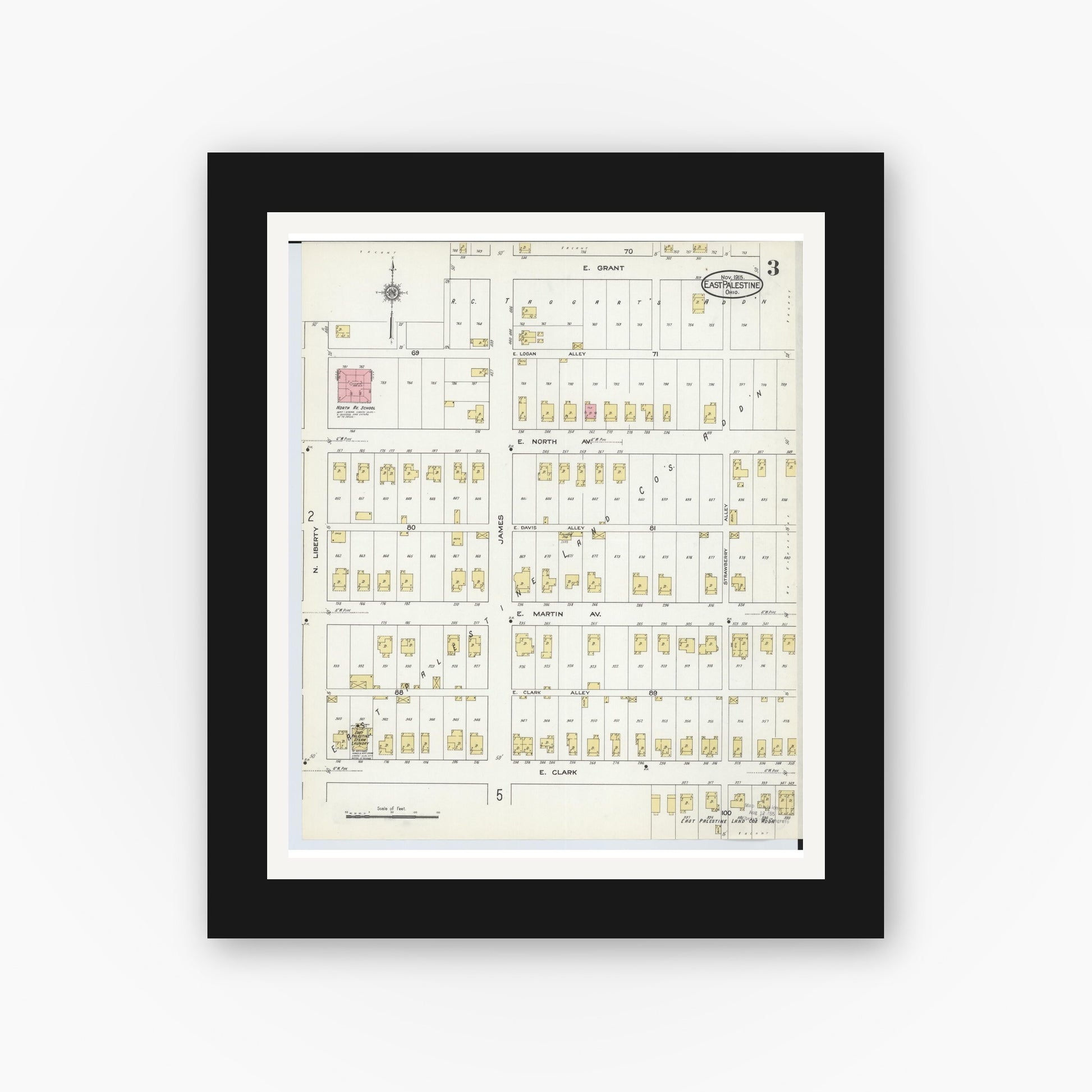 Old map wall art mockup — black gallery frame with white mat — Sanborn Fire Insurance Map from East Palestine, Columbiana County, Ohio (1915), Sheet #0003