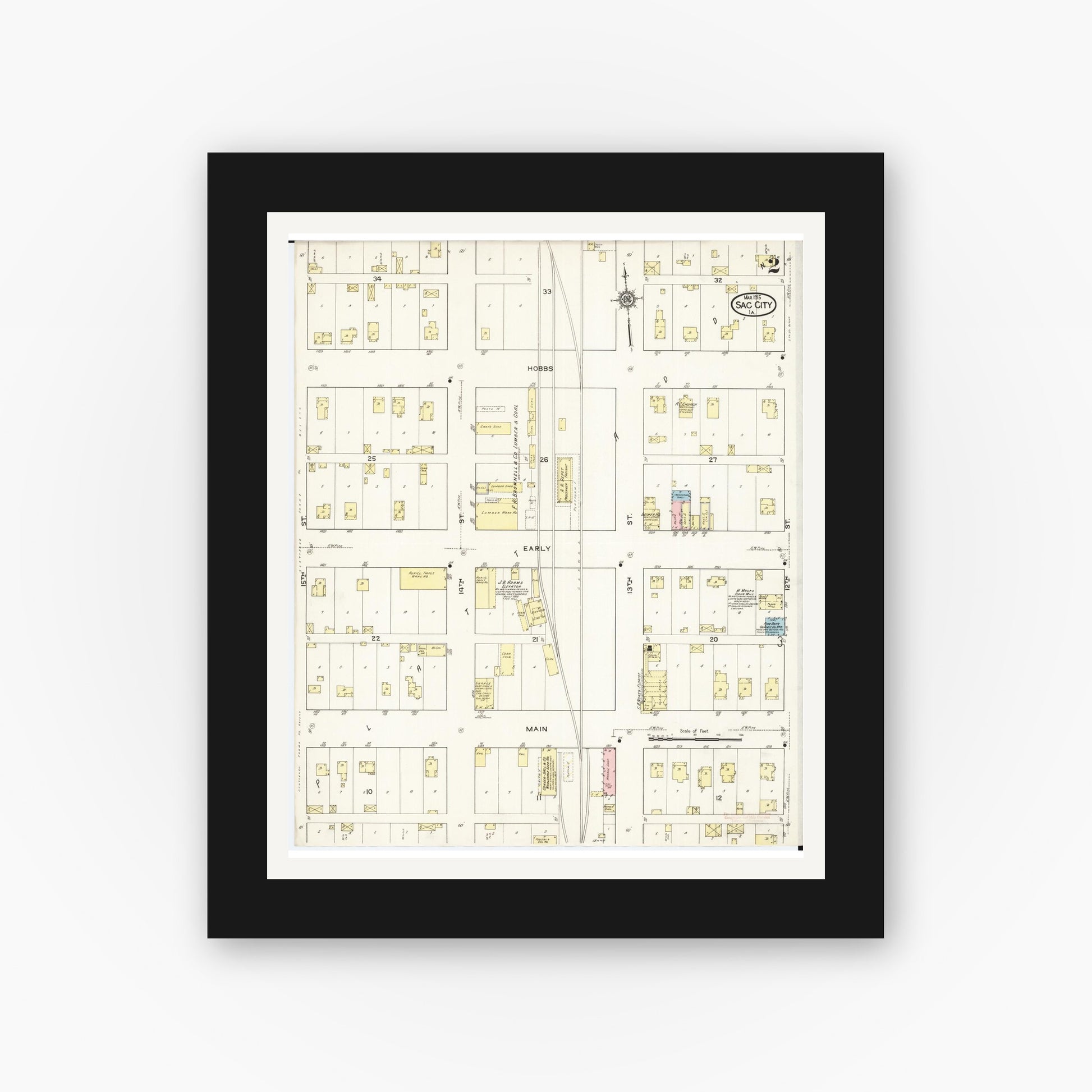 Old map wall art mockup — black gallery frame with white mat — Sanborn Fire Insurance Map from Sac City, Sac County, Iowa (1915), Sheet #0002