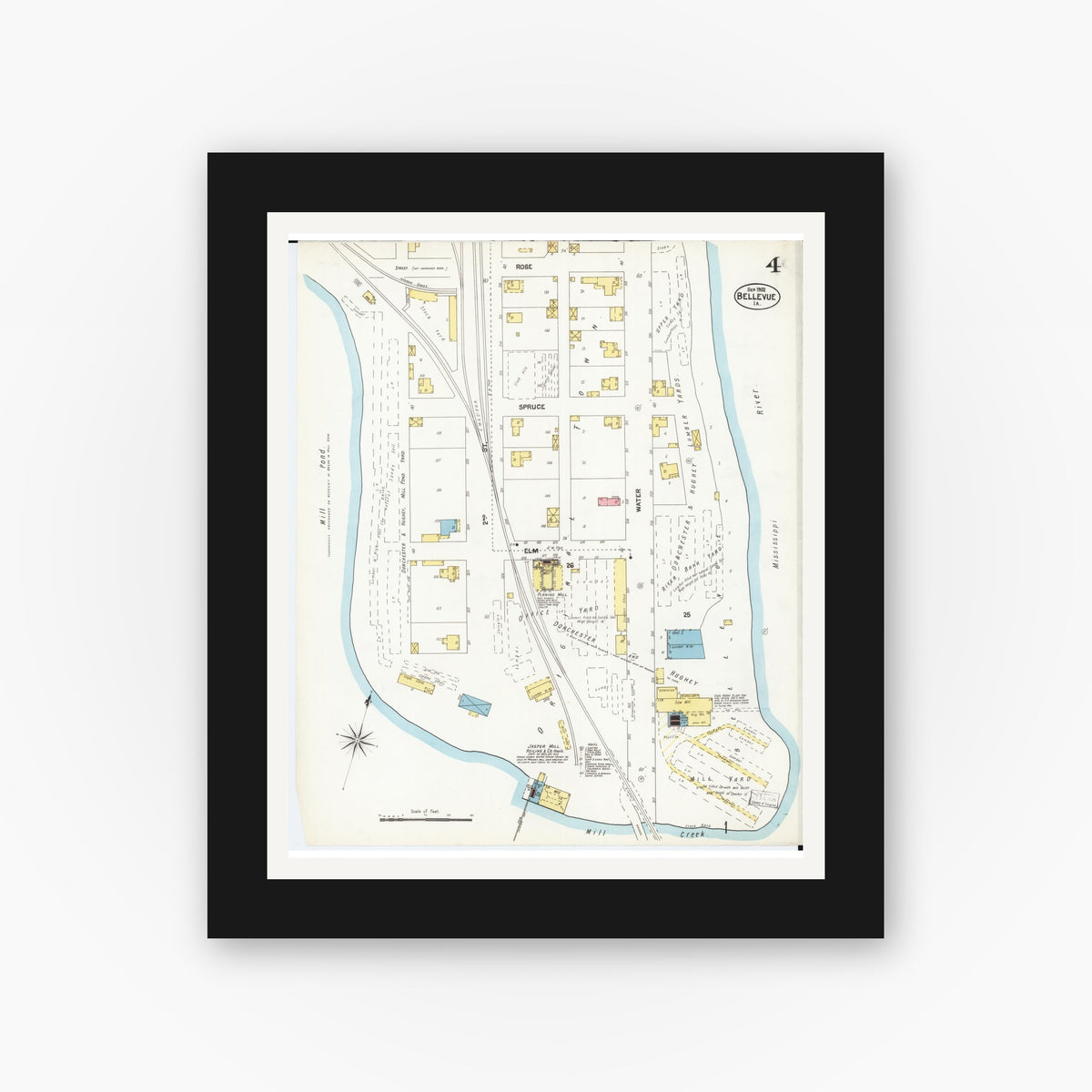 Old map wall art mockup — black gallery frame with white mat — Sanborn Fire Insurance Map from Bellevue, Jackson County, Iowa (1902), Sheet #0004