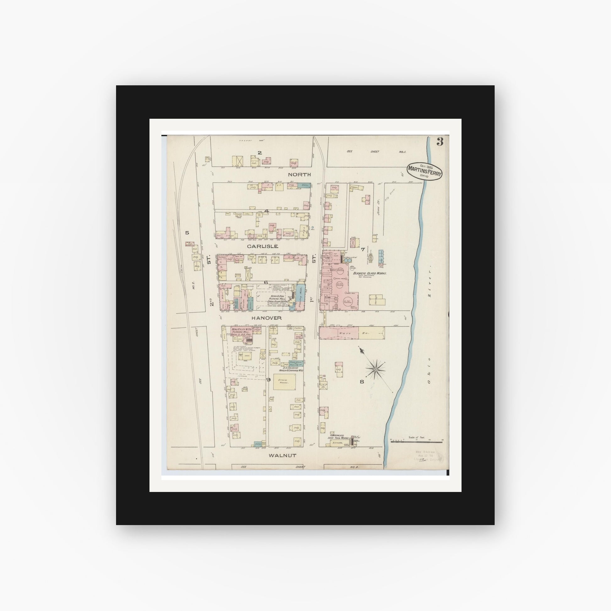 Old map wall art mockup — black gallery frame with white mat — Sanborn Fire Insurance Map from Martins Ferry, Belmont County, Ohio (Unknown), Sheet #0003