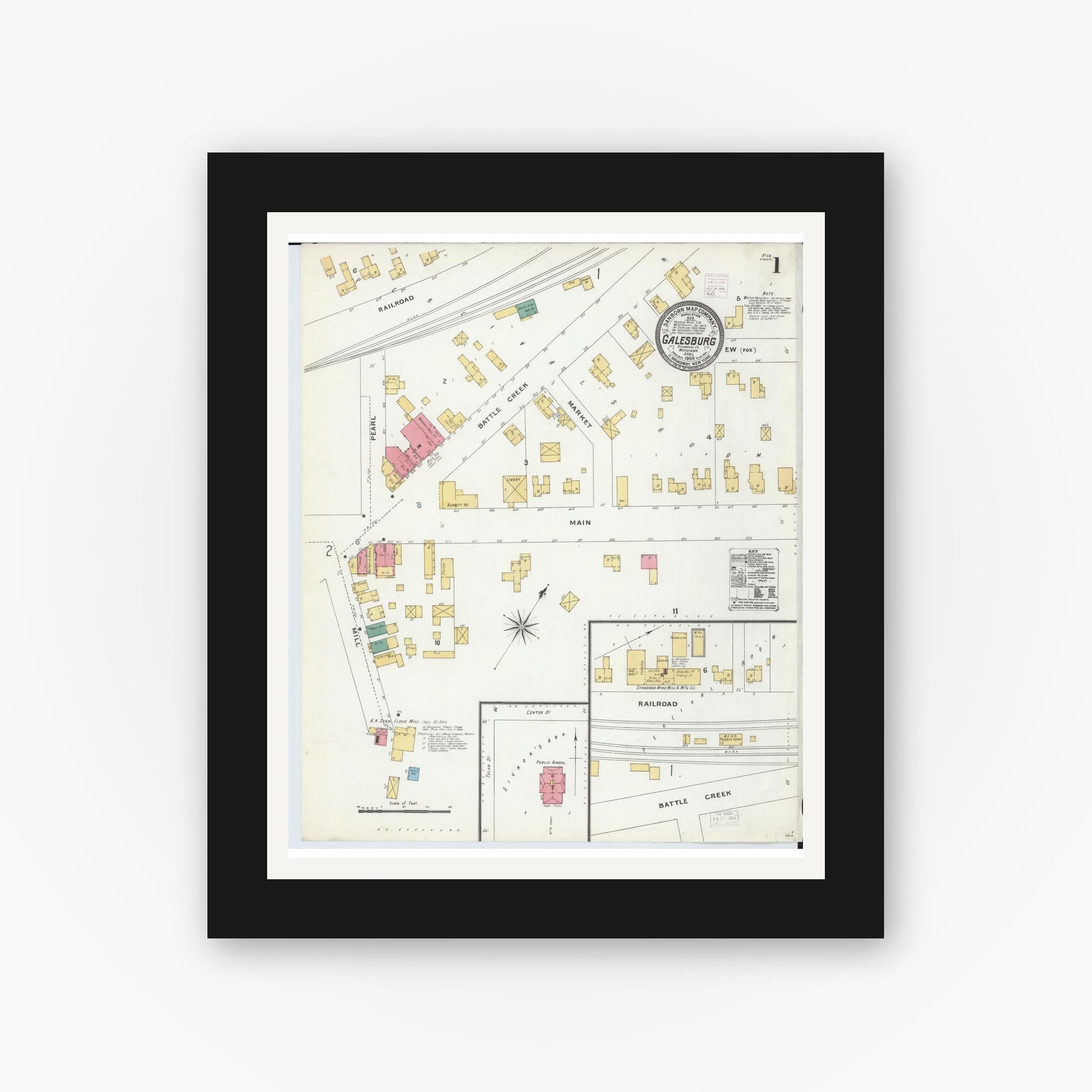 Old map wall art mockup — black gallery frame with white mat — Sanborn Fire Insurance Map from Galesburg, Kalamazoo County, Michigan (1906), Sheet #0001