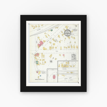 Old map wall art mockup — black gallery frame with white mat — Sanborn Fire Insurance Map from Galesburg, Kalamazoo County, Michigan (1906), Sheet #0001