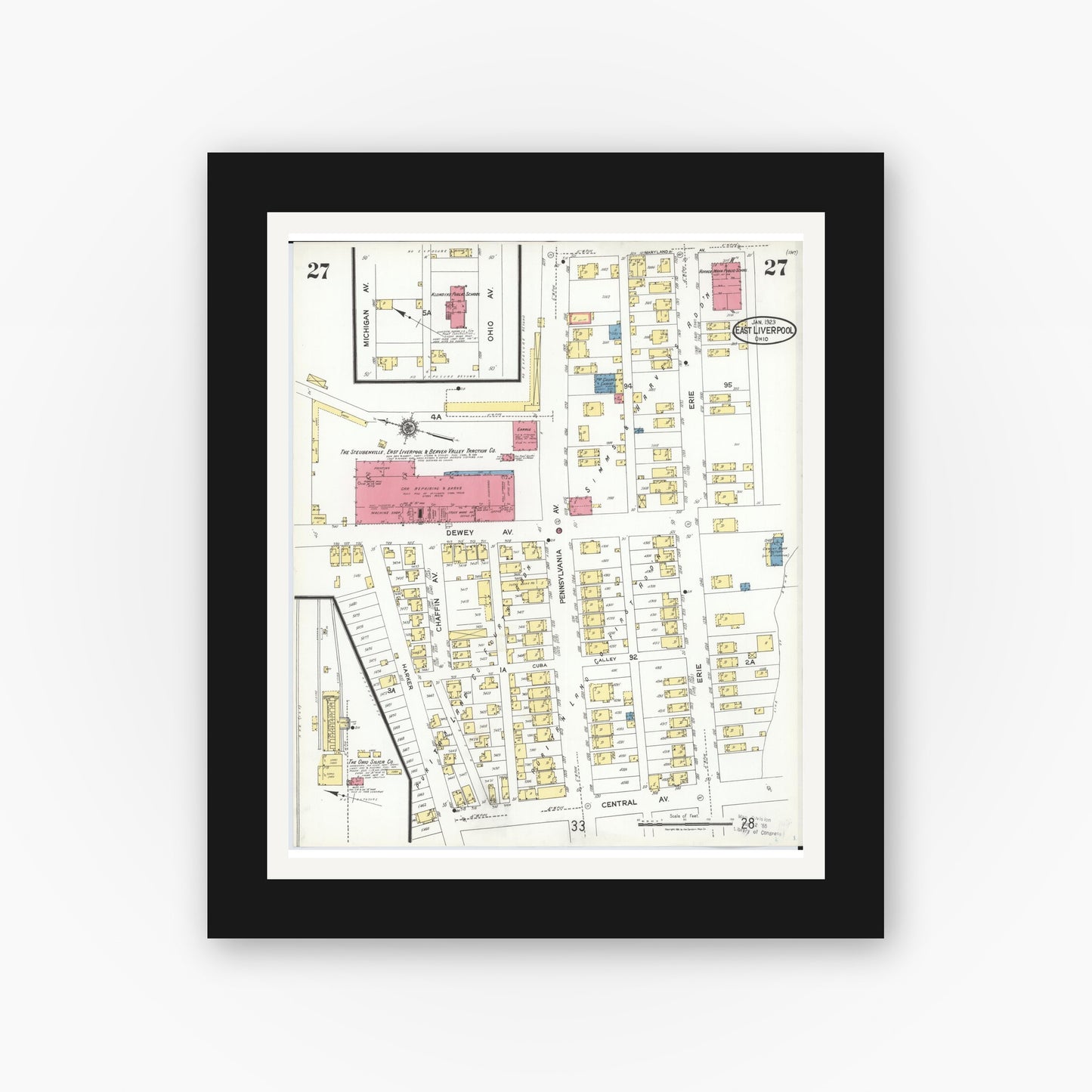Old map wall art mockup — black gallery frame with white mat — Sanborn Fire Insurance Map from East Liverpool, Columbiana County, Ohio (1923), Sheet #0027