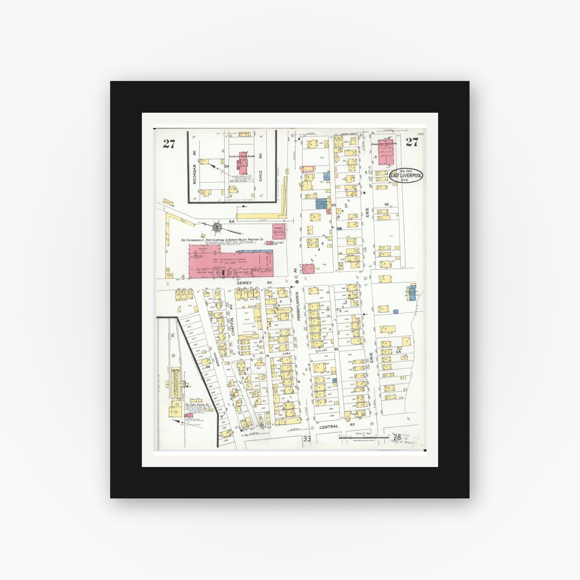 Old map wall art mockup — black gallery frame with white mat — Sanborn Fire Insurance Map from East Liverpool, Columbiana County, Ohio (1923), Sheet #0027
