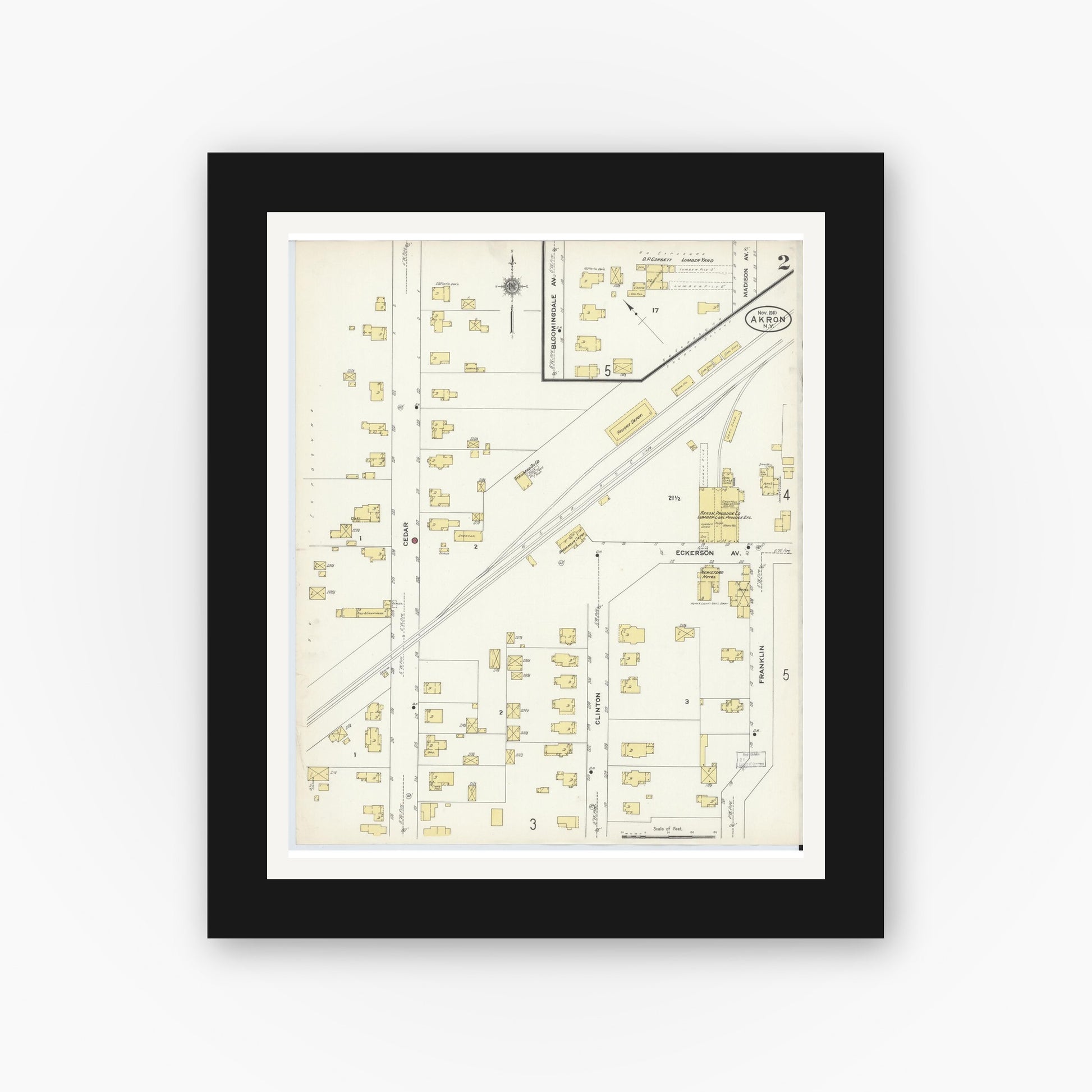 Old map wall art mockup — black gallery frame with white mat — Sanborn Fire Insurance Map from Akron, Erie County, New York (1910), Sheet #0002