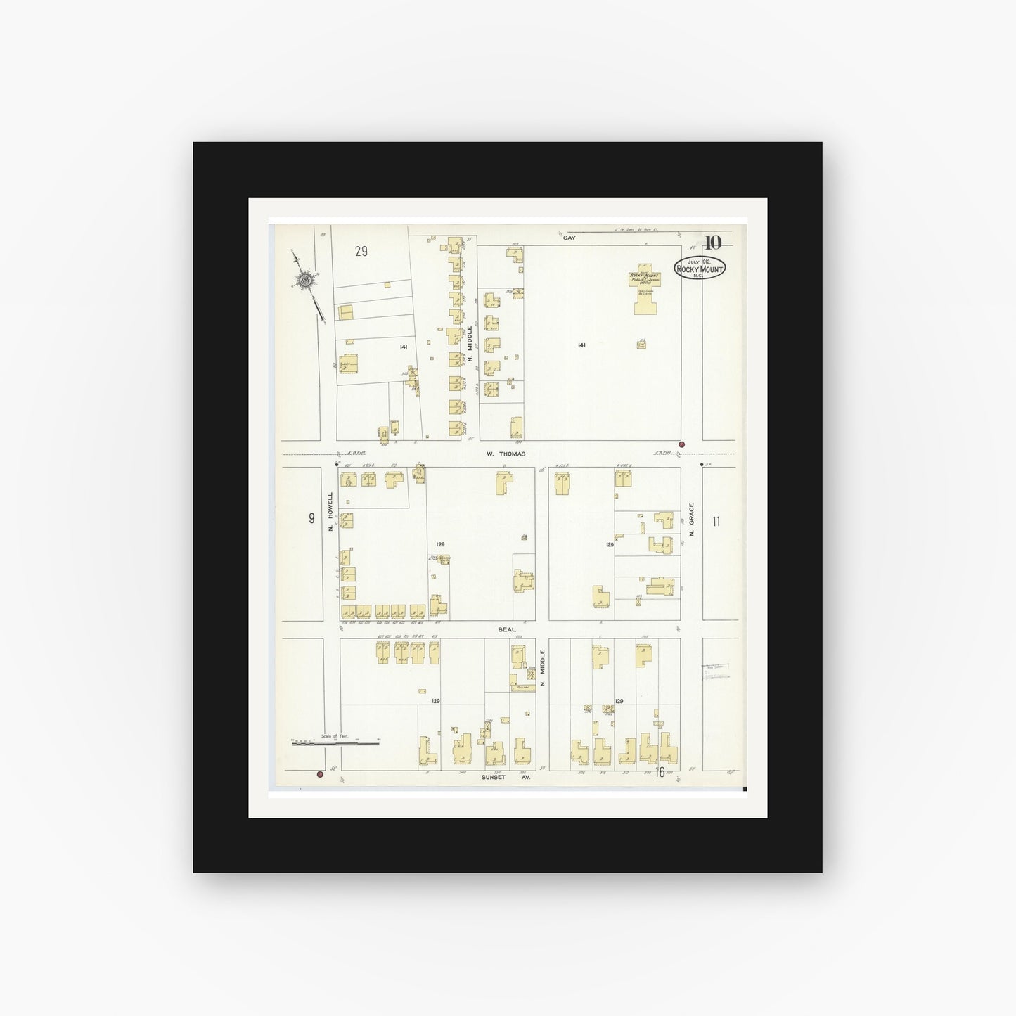 Old map wall art mockup — black gallery frame with white mat — Sanborn Fire Insurance Map from Rocky Mount, Edgecombe And Nash Counties, North Carolina (1912), Sheet #0010