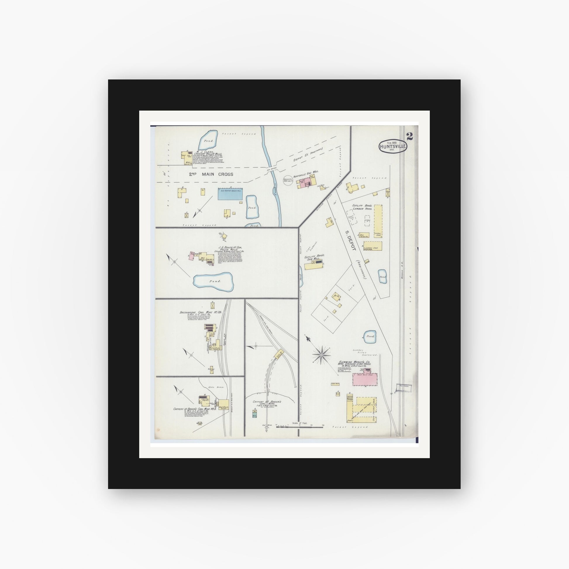 Old map wall art mockup — black gallery frame with white mat — Sanborn Fire Insurance Map from Huntsville, Randolph County, Missouri (1893), Sheet #0002